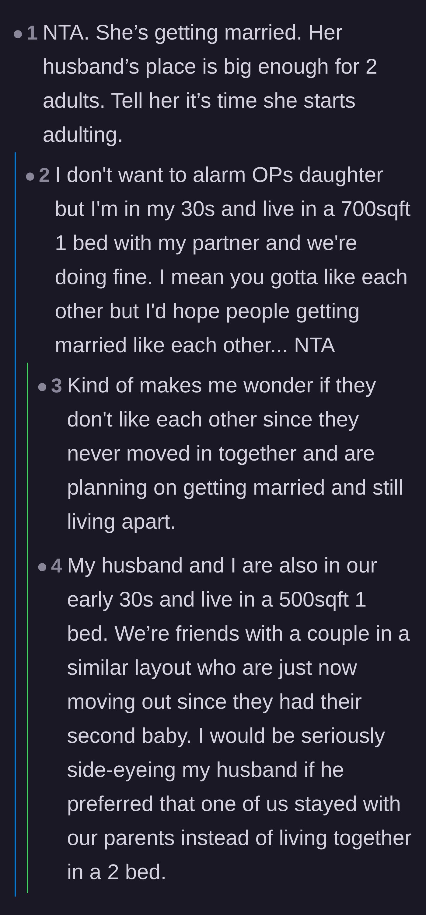 Comment thread 2 - Users point out that a two-bedroom apartment is plenty of space for a married couple and share their own small-living success stories.