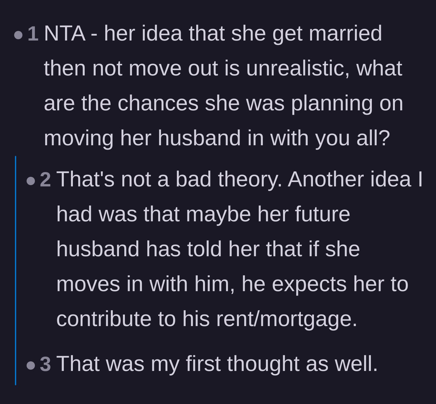 Comment thread 3 - A discussion questioning if the daughter is staying put just to avoid paying rent or mortgage contributions at her husband's place.