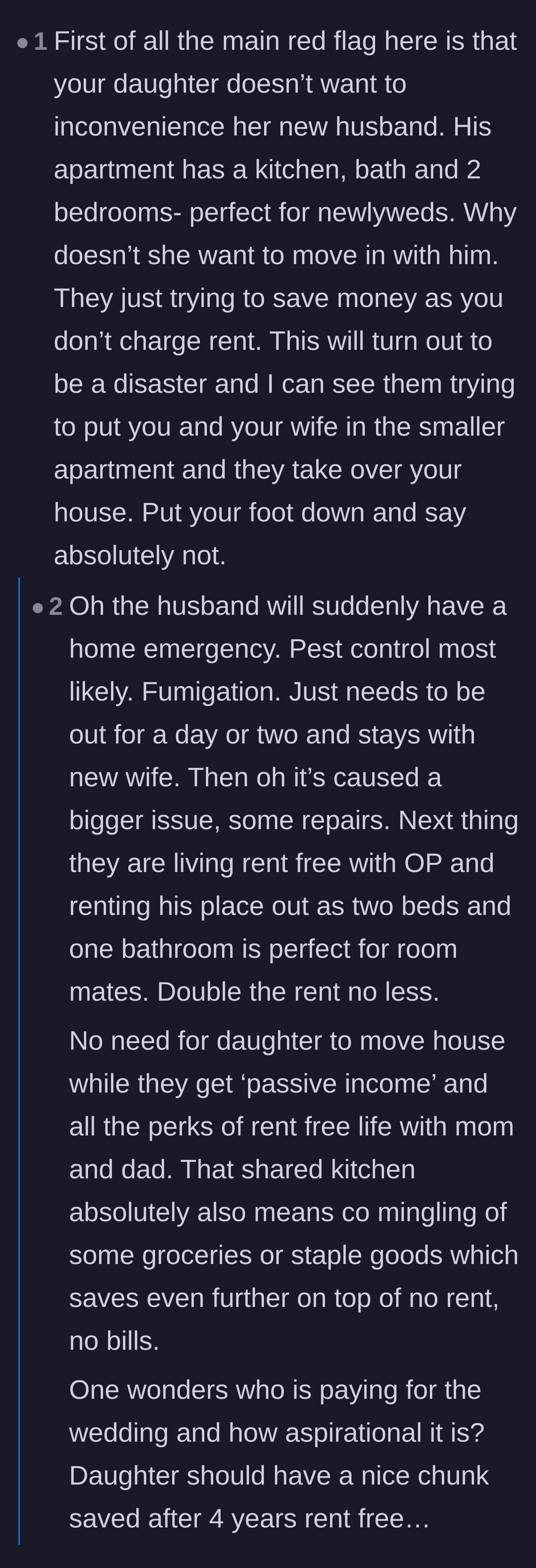Comment thread 4 - Commenters predict an elaborate scheme where the new husband fabricates a home emergency to permanently move into the basement.