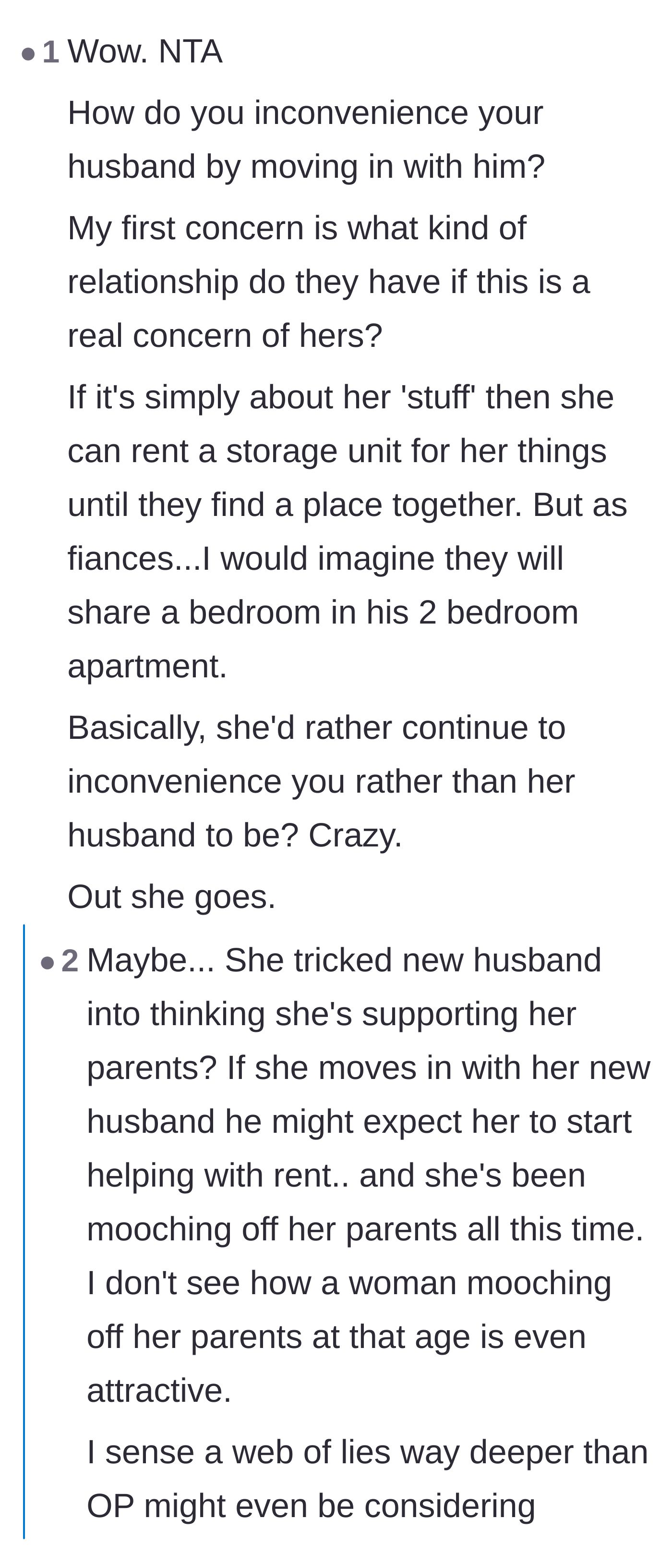 Comment thread 6 - Readers suggest using a storage unit for extra belongings and speculate if the daughter lied to her new husband about her living situation.