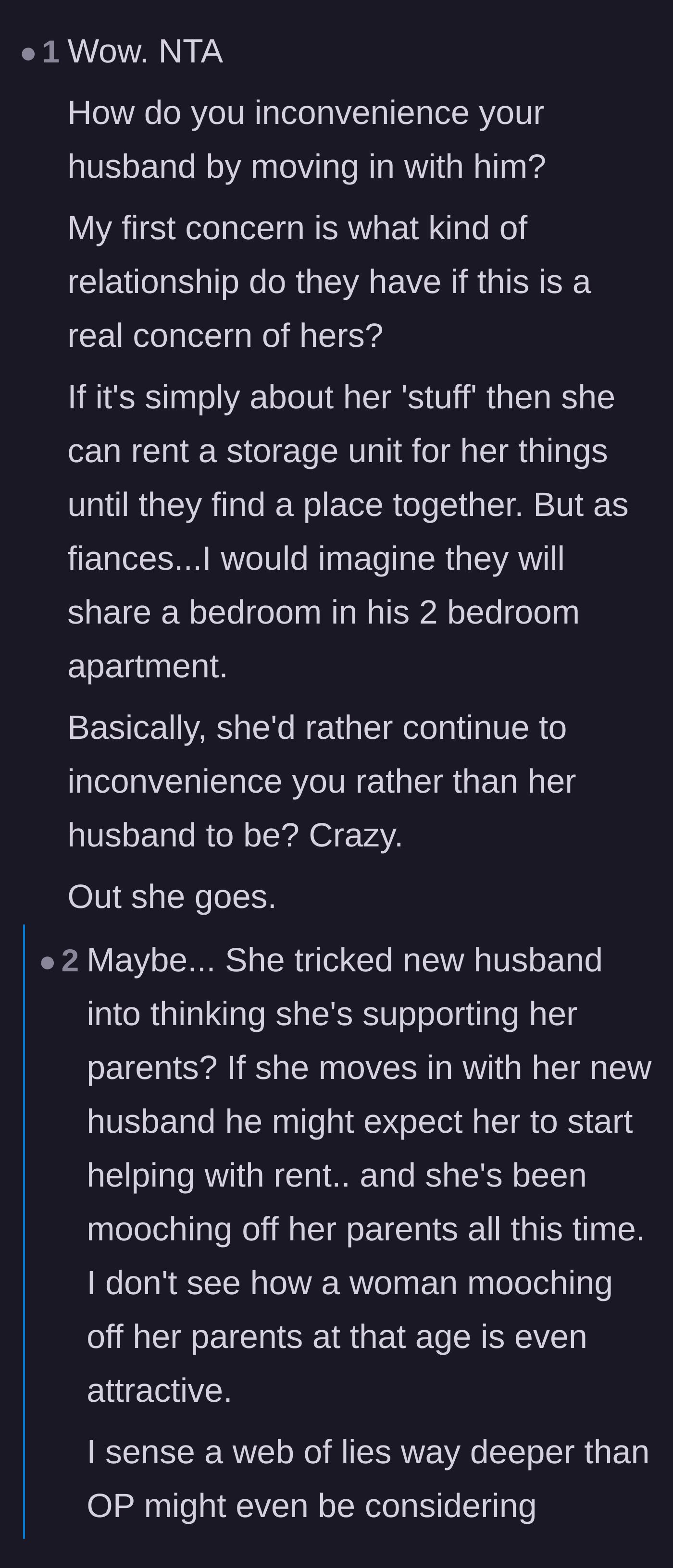 Comment thread 6 - Readers suggest using a storage unit for extra belongings and speculate if the daughter lied to her new husband about her living situation.
