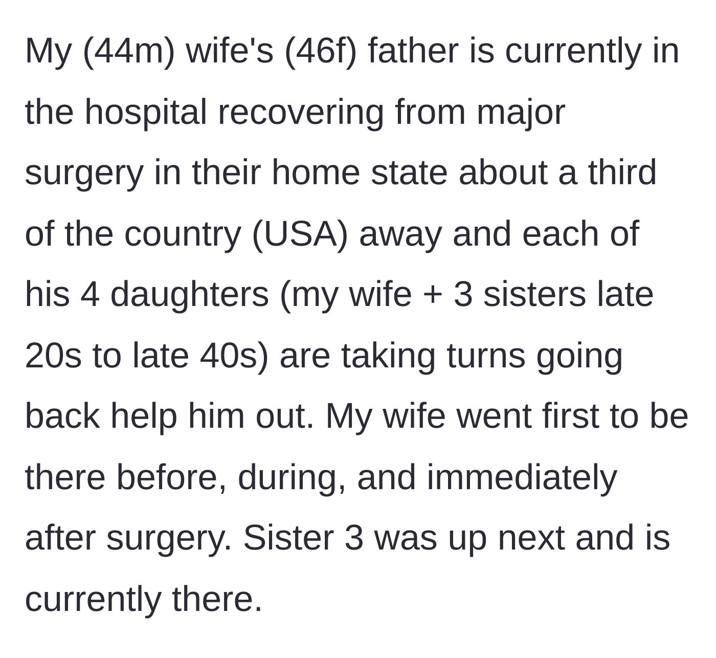 Story part 1 - Four sisters take turns traveling out of state to care for their father who is recovering from major surgery.