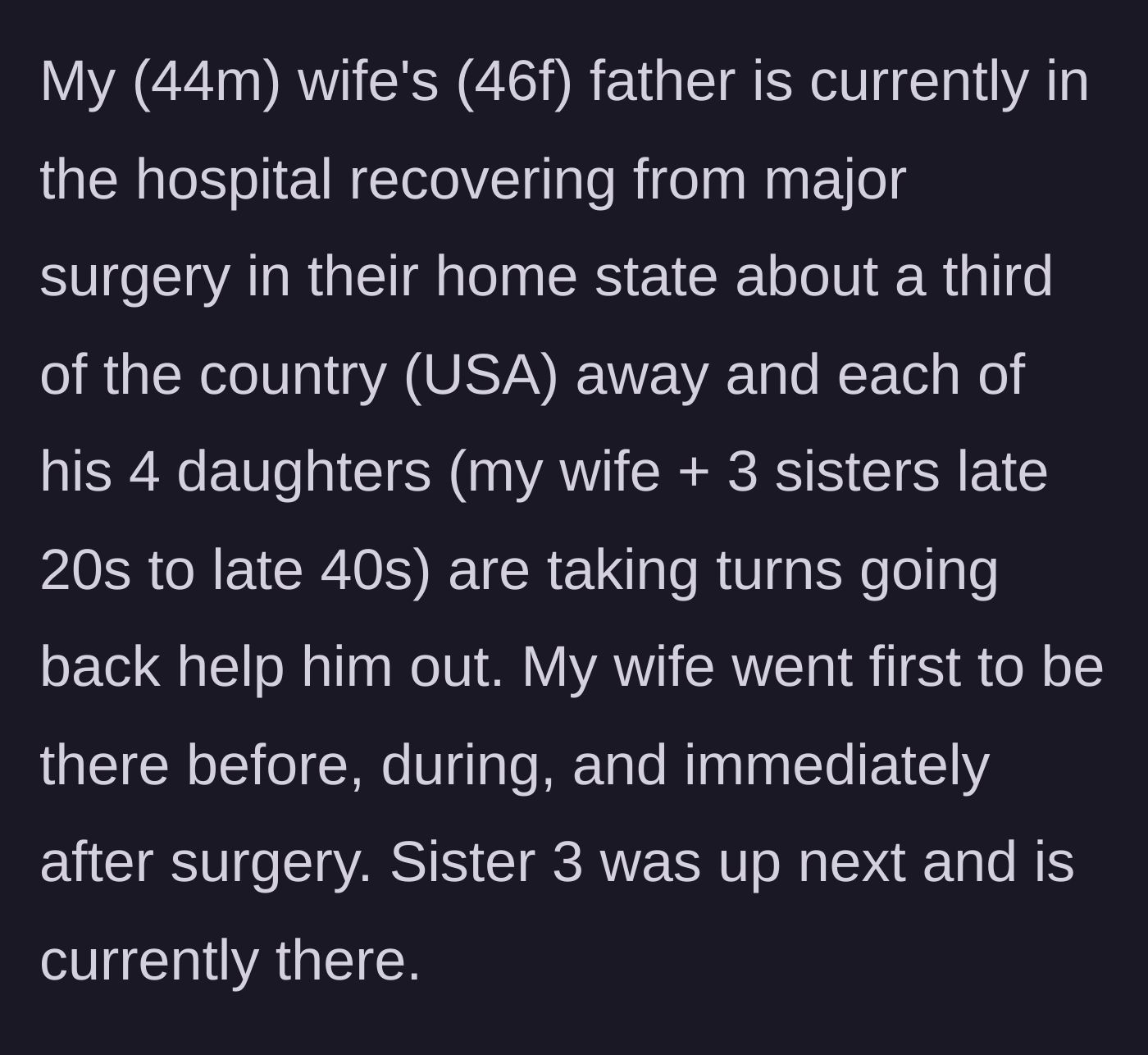 Story part 1 - Four sisters take turns traveling out of state to care for their father who is recovering from major surgery.