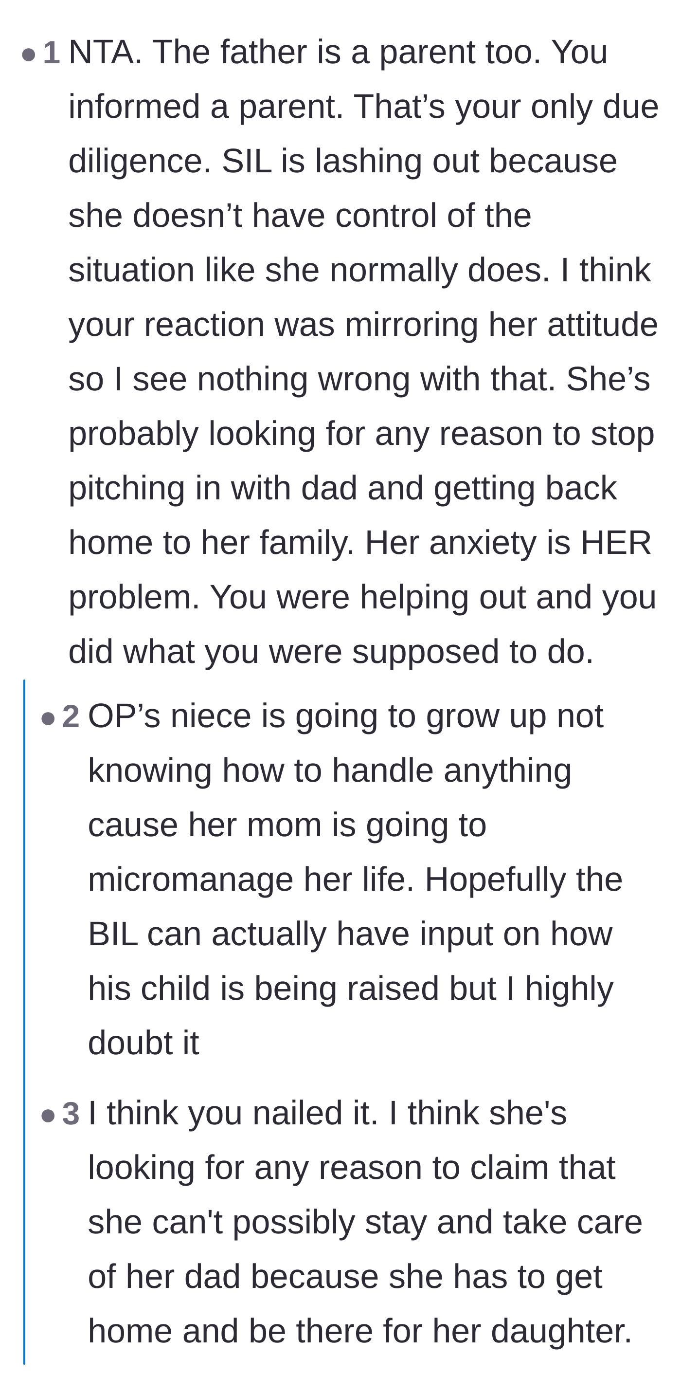 Comment thread 1 - Discussing how the narrator fulfilled his duty by informing the child's father, and how the sister-in-law is using control as a coping mechanism.