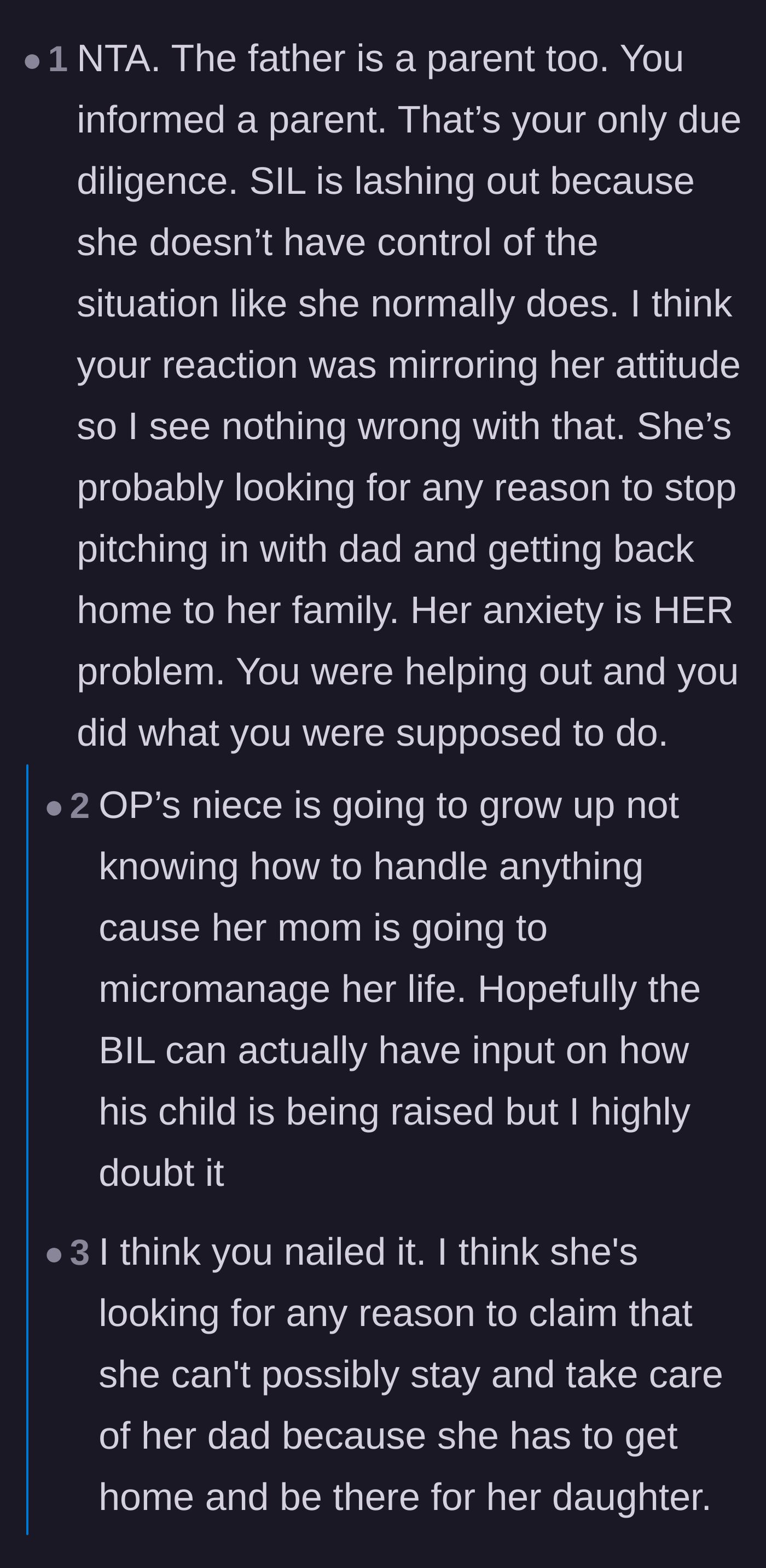 Comment thread 1 - Discussing how the narrator fulfilled his duty by informing the child's father, and how the sister-in-law is using control as a coping mechanism.