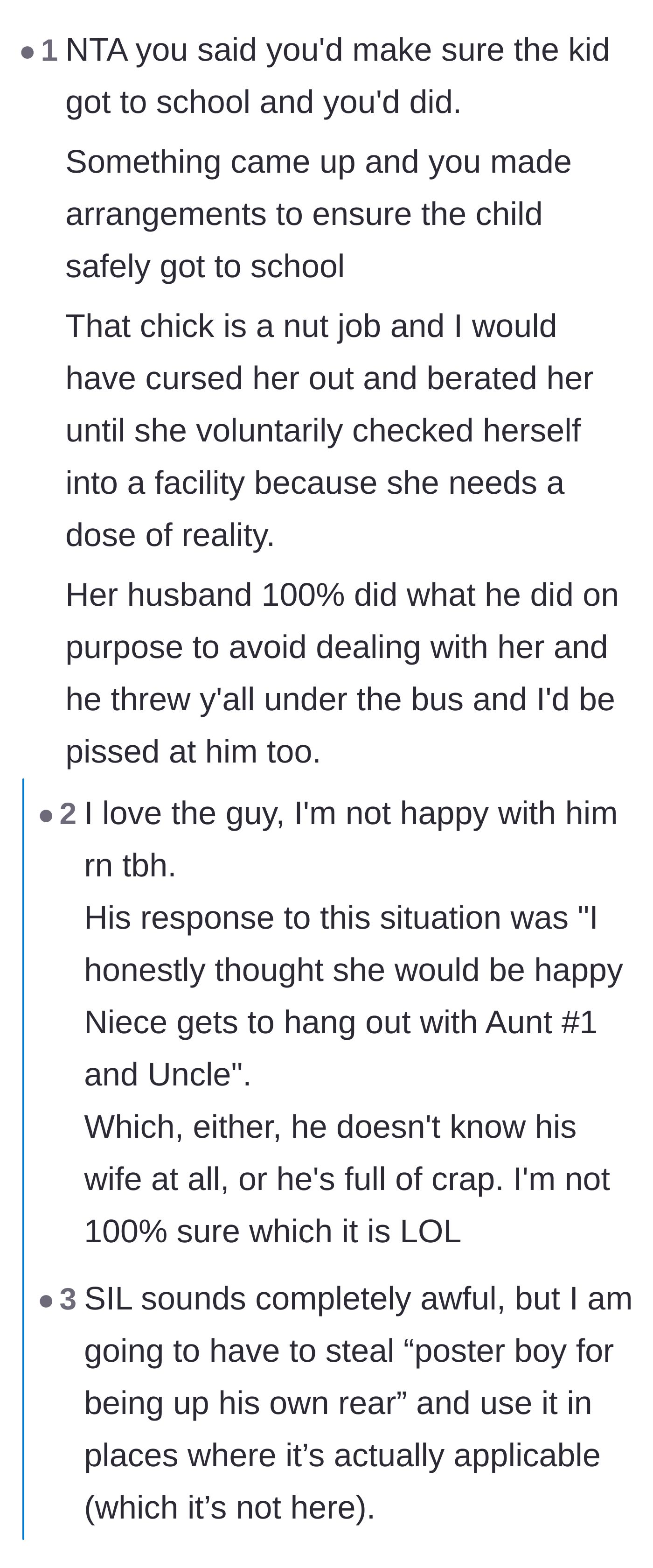 Comment thread 2 - Calling out the husband for intentionally throwing the narrator under the bus just to get a peaceful night of sleep.