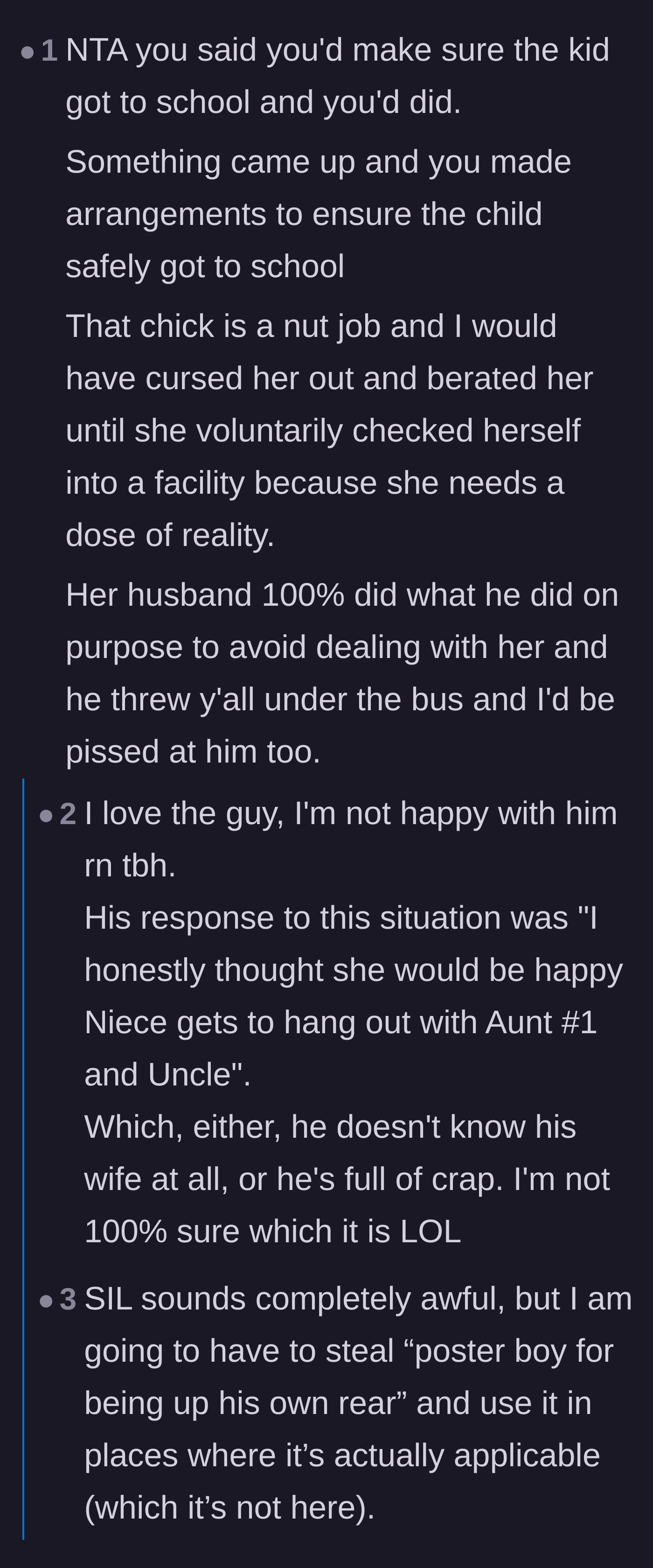 Comment thread 2 - Calling out the husband for intentionally throwing the narrator under the bus just to get a peaceful night of sleep.