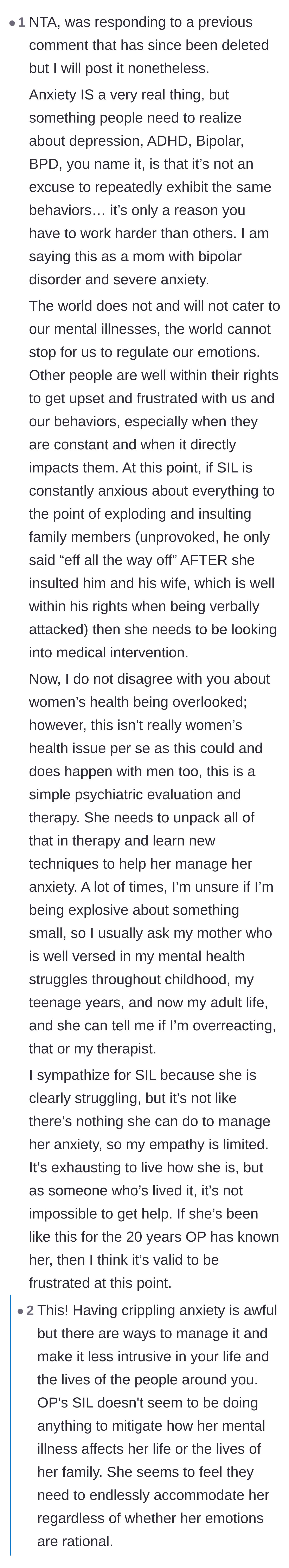 Comment thread 4 - A perspective from a mother with severe anxiety explaining that mental illness is not an excuse to verbally abuse family members.