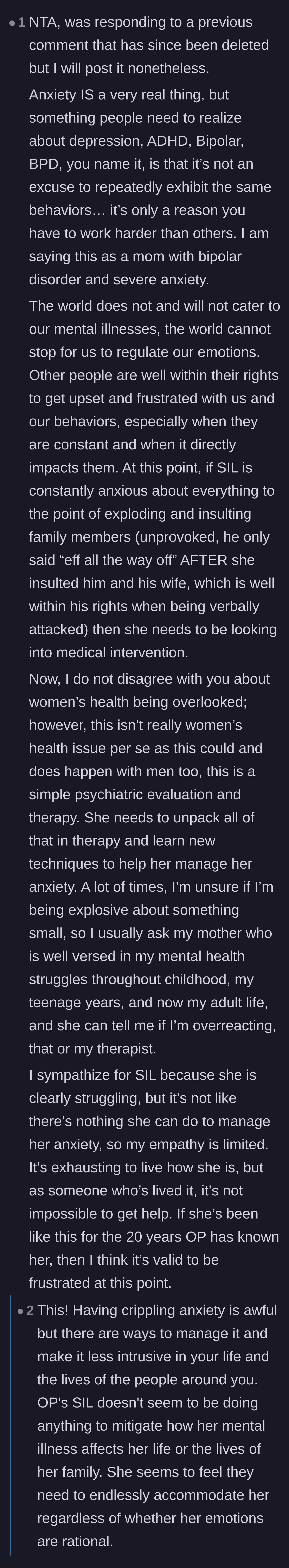 Comment thread 4 - A perspective from a mother with severe anxiety explaining that mental illness is not an excuse to verbally abuse family members.