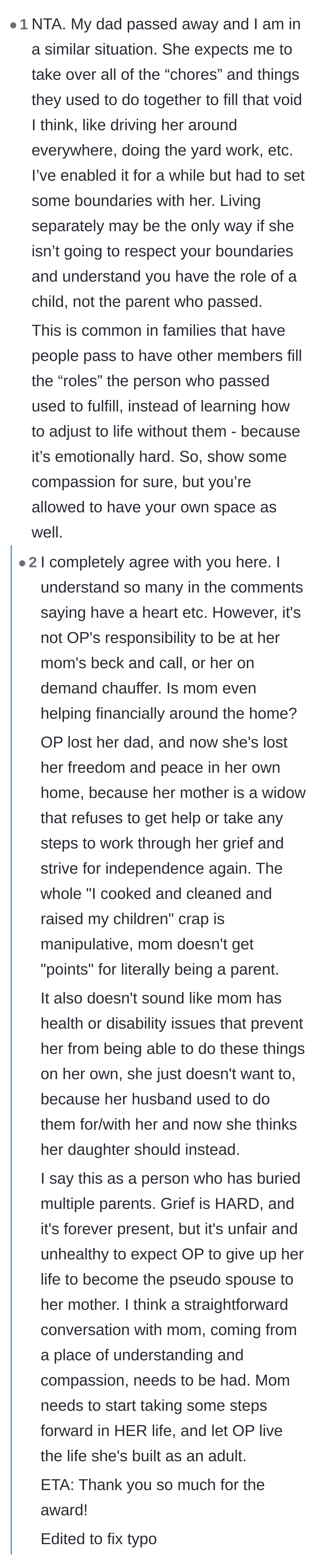 Comment thread 2 - A user sharing a similar experience about the toxic expectation of becoming a pseudo-spouse to a grieving parent.