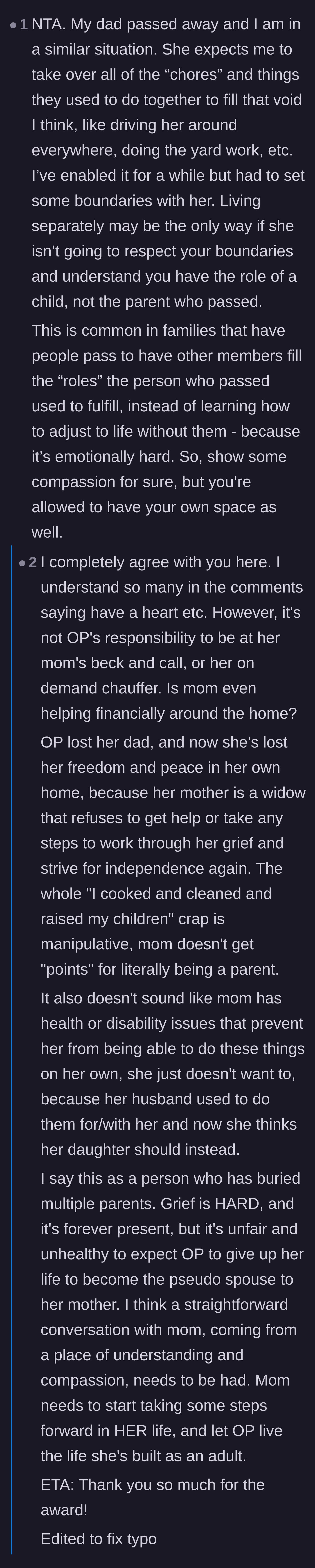 Comment thread 2 - A user sharing a similar experience about the toxic expectation of becoming a pseudo-spouse to a grieving parent.