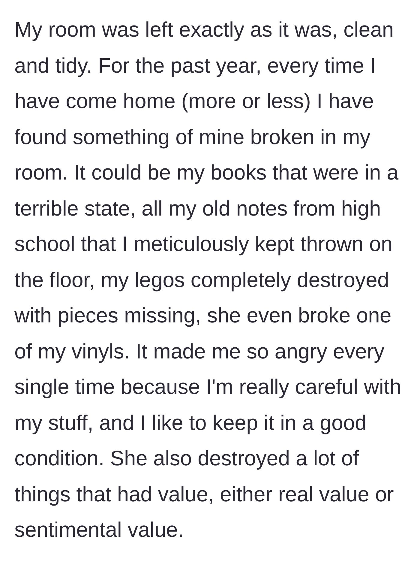 Story part 2 - A detailed list of sentimental and valuable items destroyed in the older sister's bedroom.