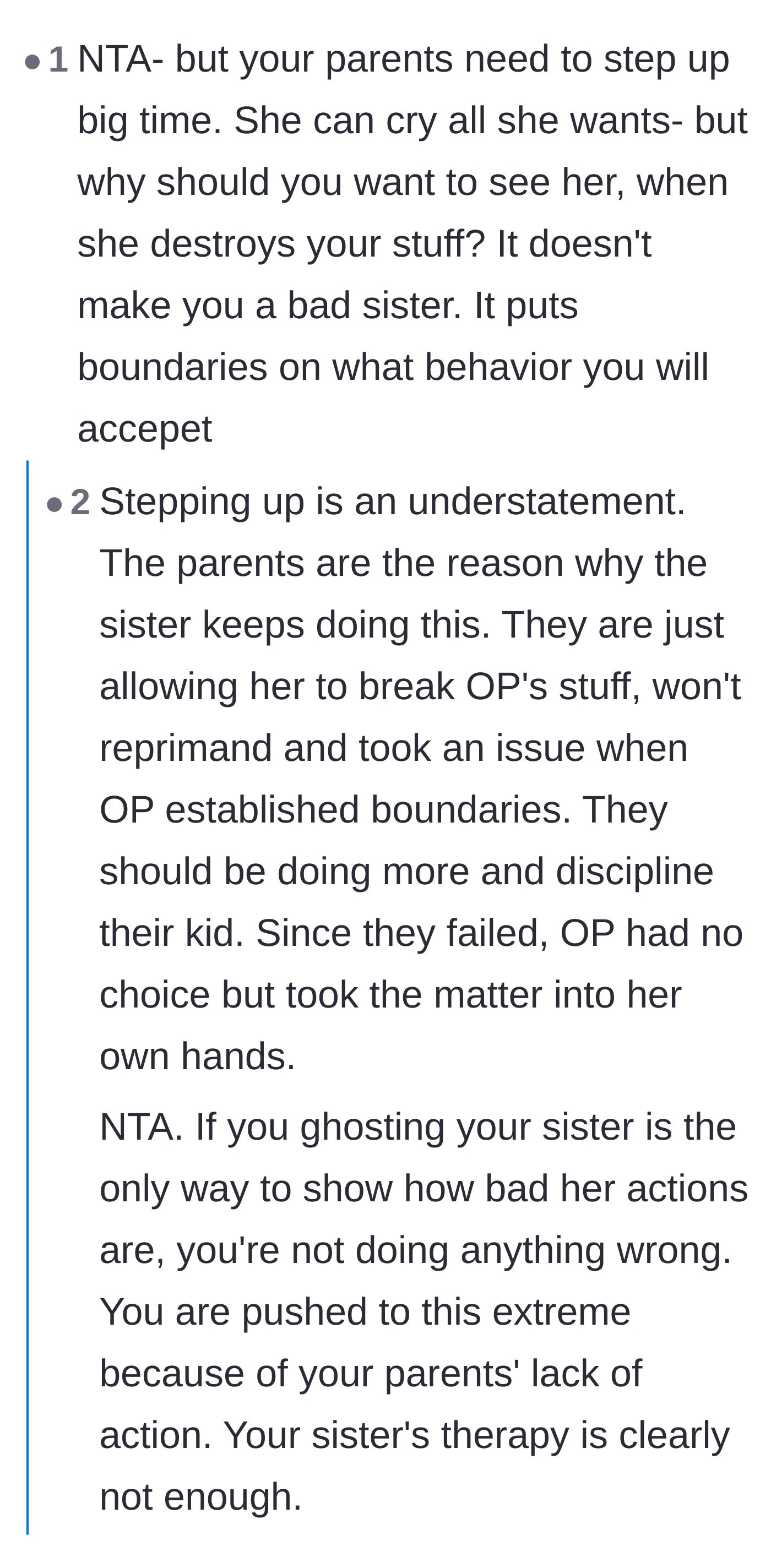 Comment thread discussing how the parents' lack of real consequences forced the older sister to set strict boundaries.