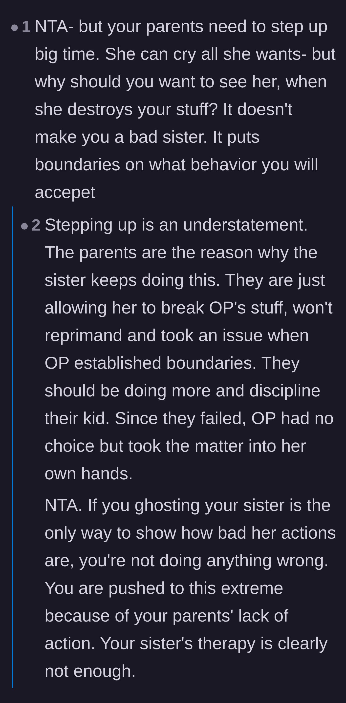 Comment thread discussing how the parents' lack of real consequences forced the older sister to set strict boundaries.