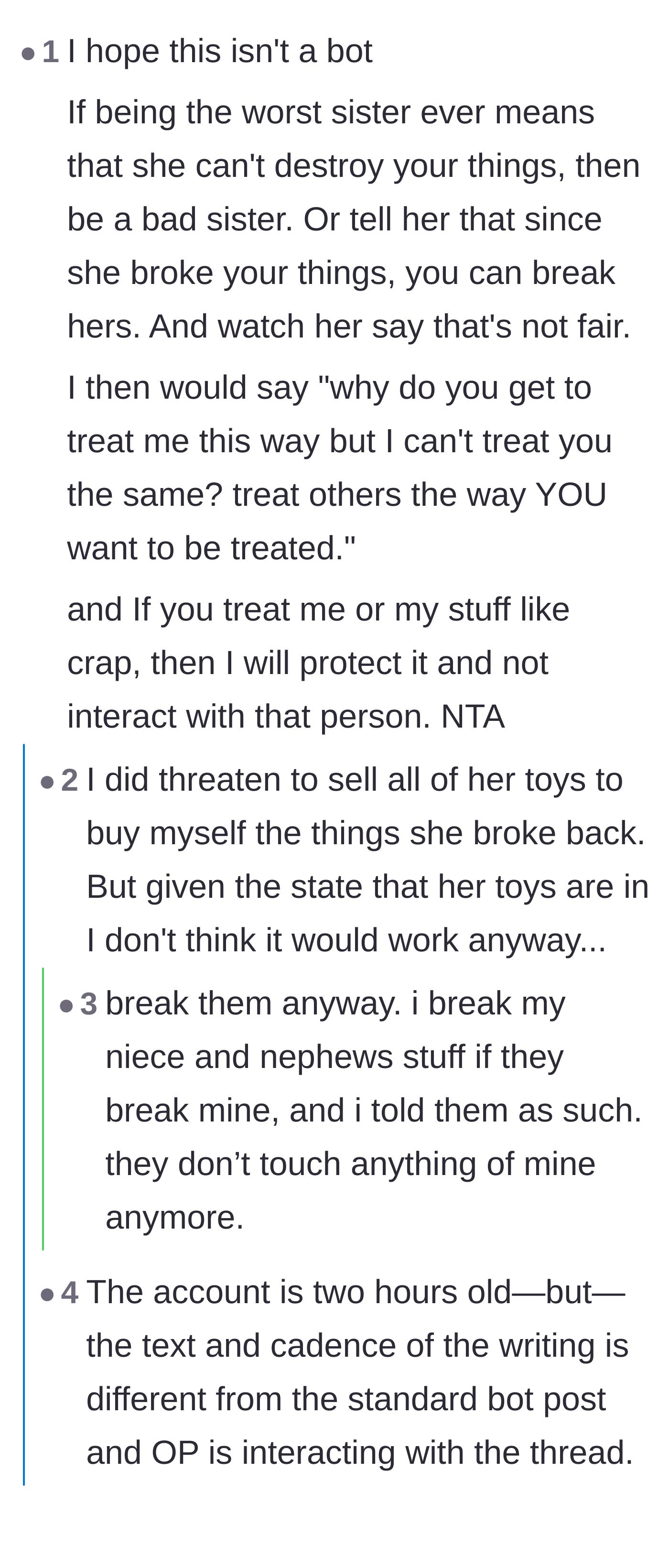Comment thread debating the logistics of locking the bedroom door and suggesting retaliation against the younger sister's toys.