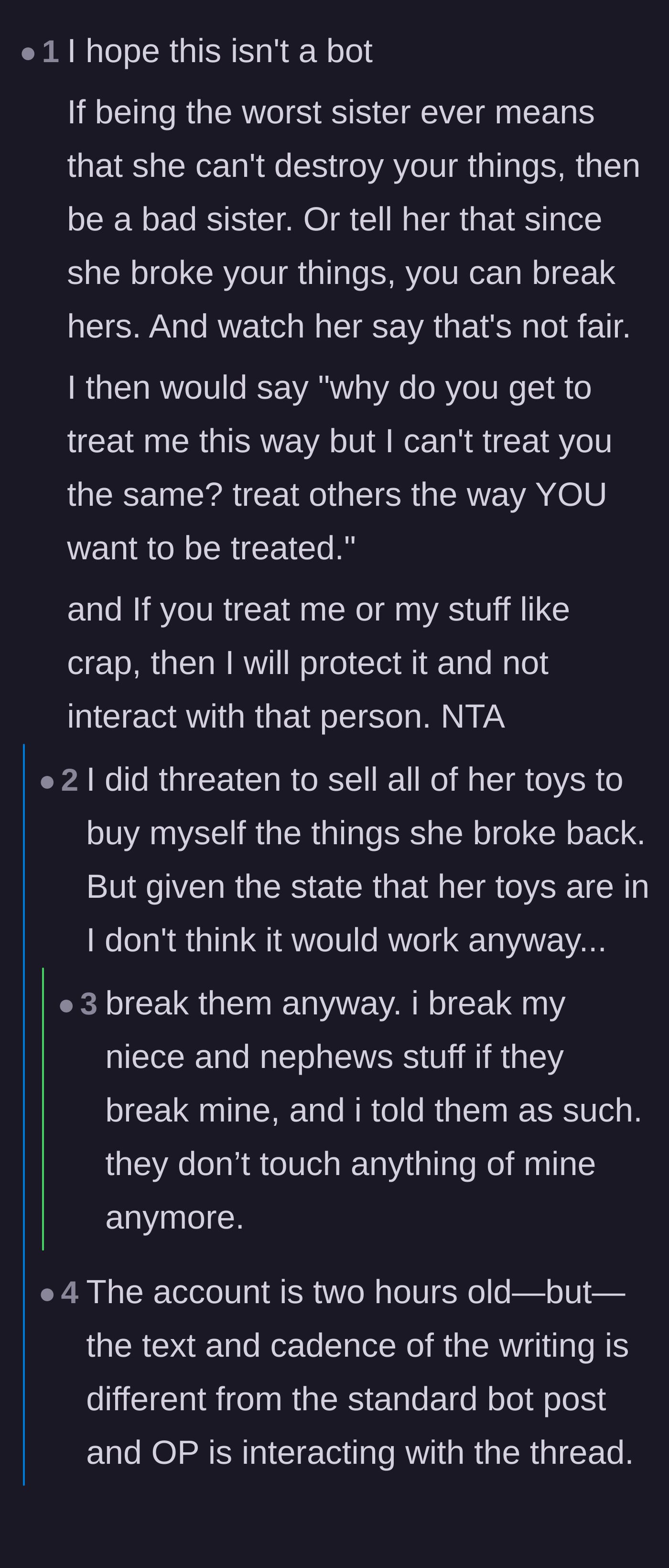 Comment thread debating the logistics of locking the bedroom door and suggesting retaliation against the younger sister's toys.
