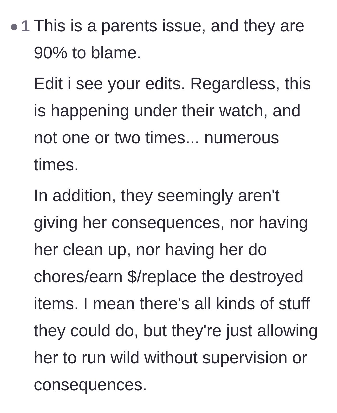 Comment thread emphasizing that the parents are mostly to blame for not making the younger sister replace or work off the cost of the destroyed items.