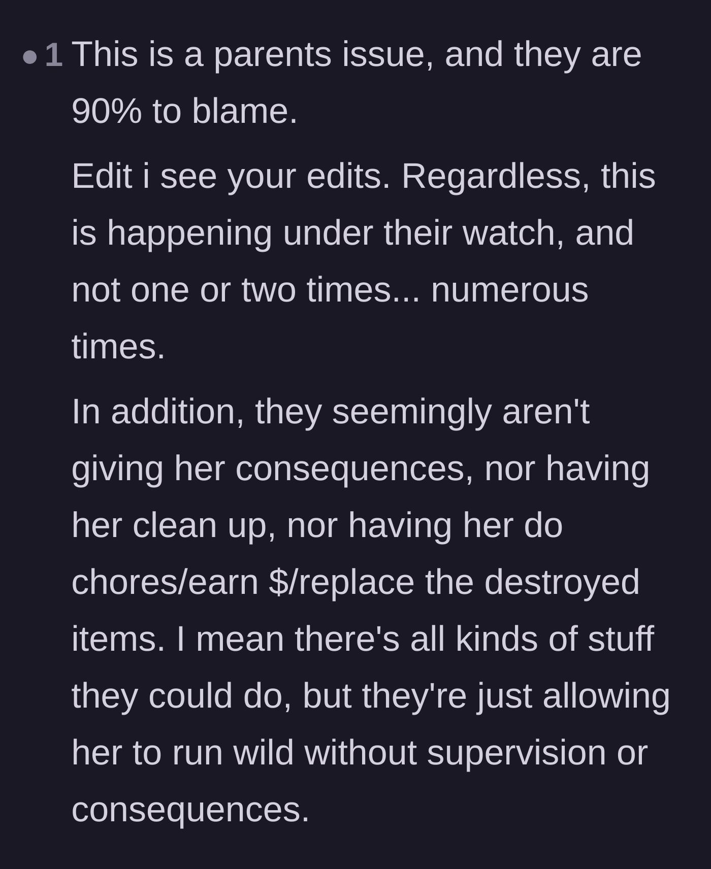 Comment thread emphasizing that the parents are mostly to blame for not making the younger sister replace or work off the cost of the destroyed items.