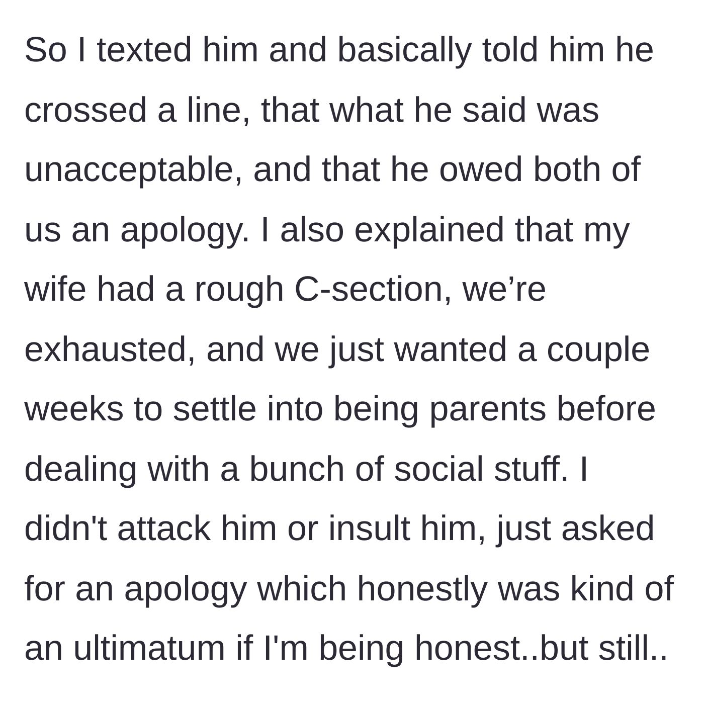 Story part 5 - The husband steps in, texting the brother-in-law to calmly but firmly demand an apology and explain the need for a few weeks of peace.