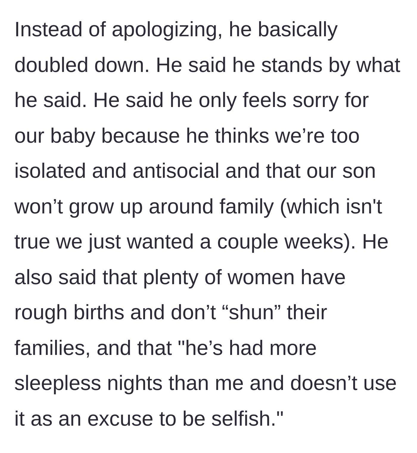 Story part 6 - The brother-in-law refuses to apologize, doubles down on his cruel remarks, and dismisses the mother's traumatic birth experience.