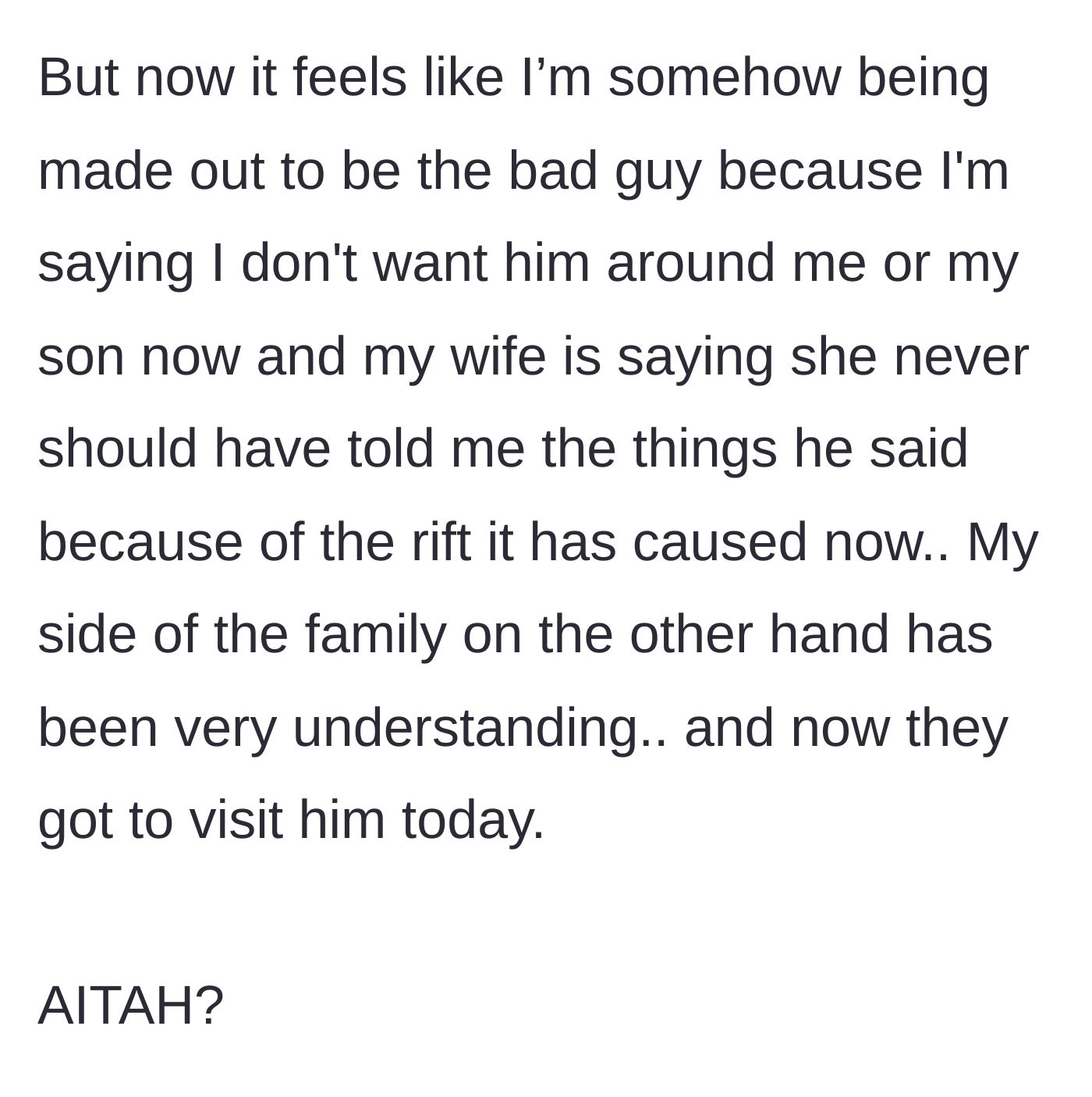 Story part 9 - The husband is painted as the villain while his wife's family visits the brother-in-law, leaving the situation unresolved and painful.