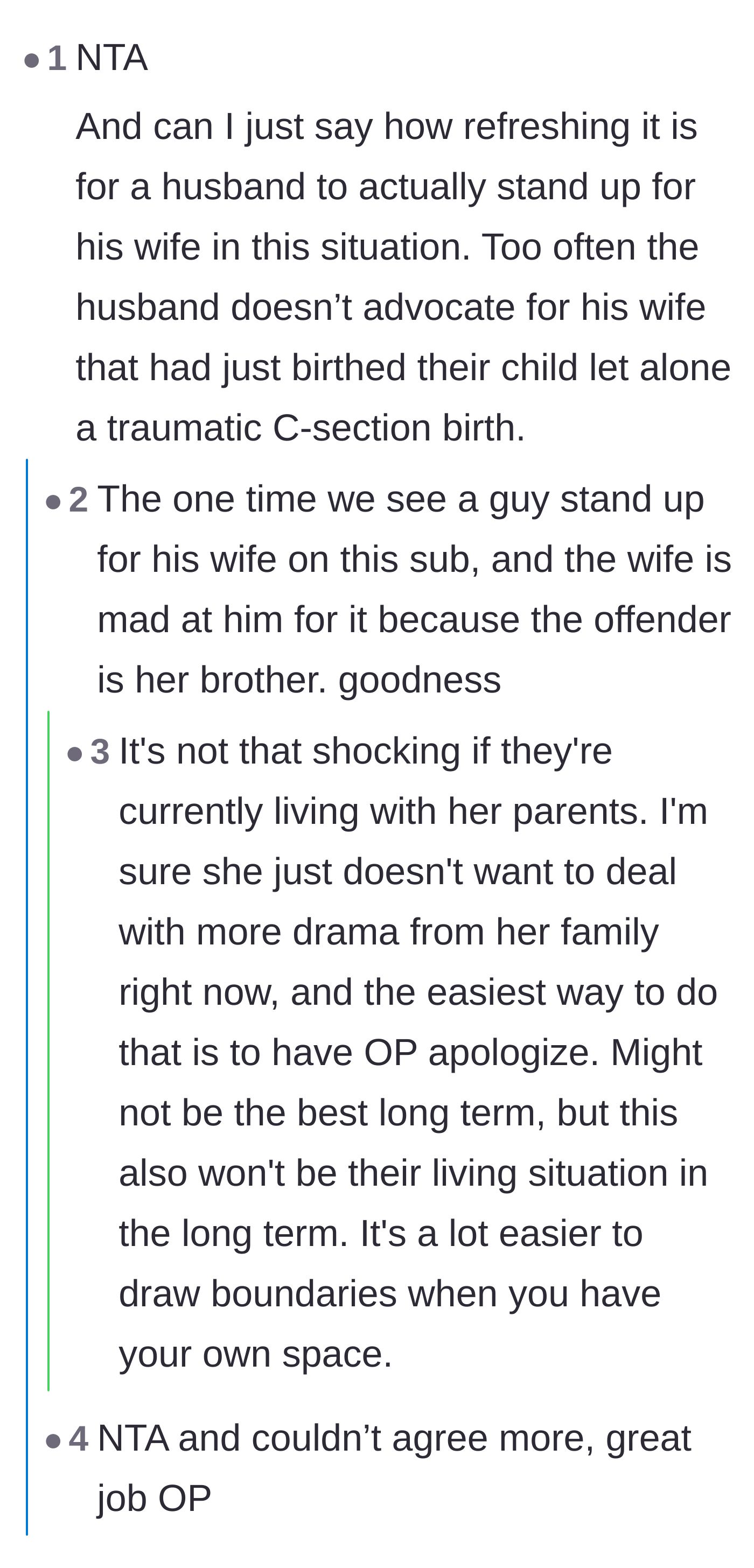Comment thread 1 - Readers praise the husband for fiercely advocating for his vulnerable wife after her traumatic birth.