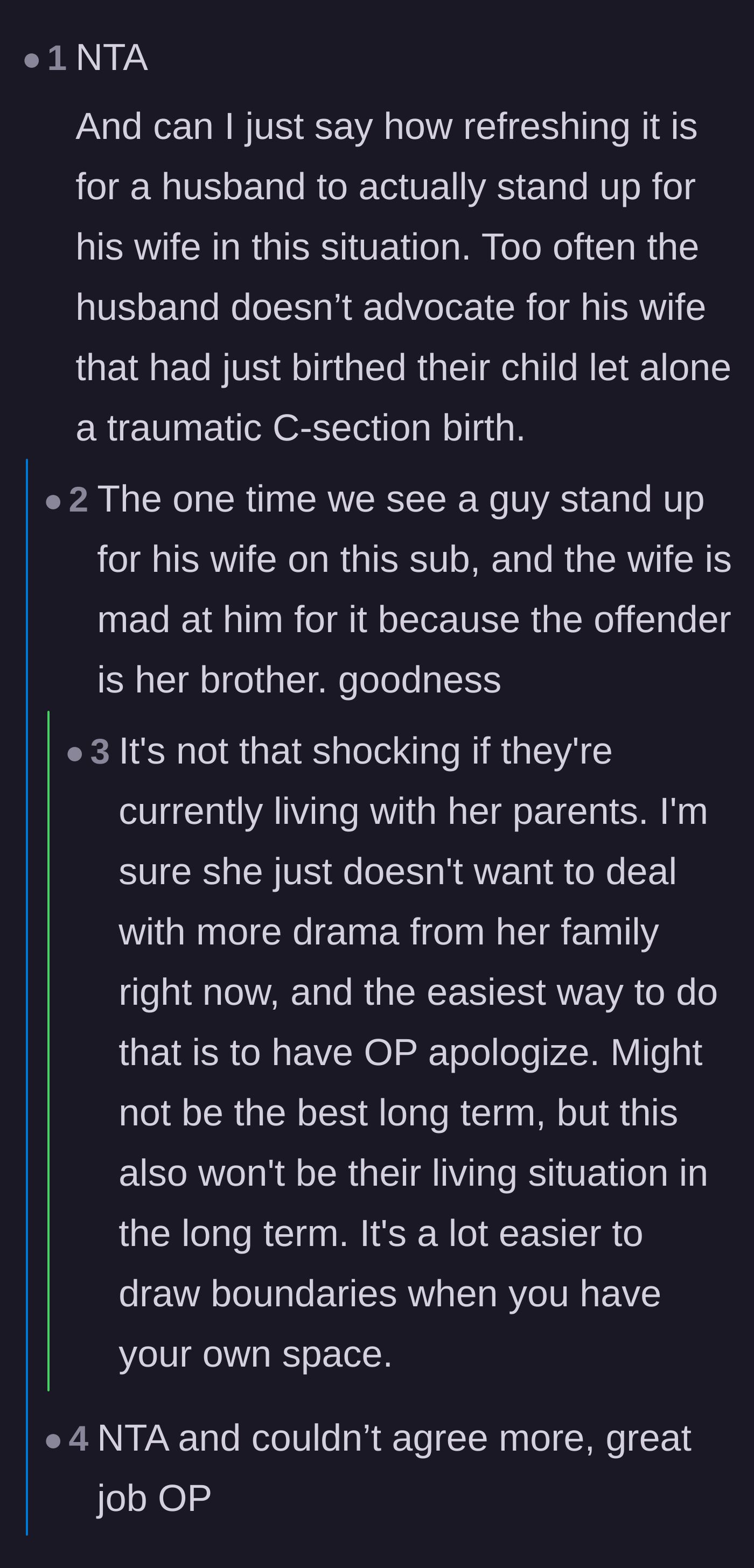 Comment thread 1 - Readers praise the husband for fiercely advocating for his vulnerable wife after her traumatic birth.