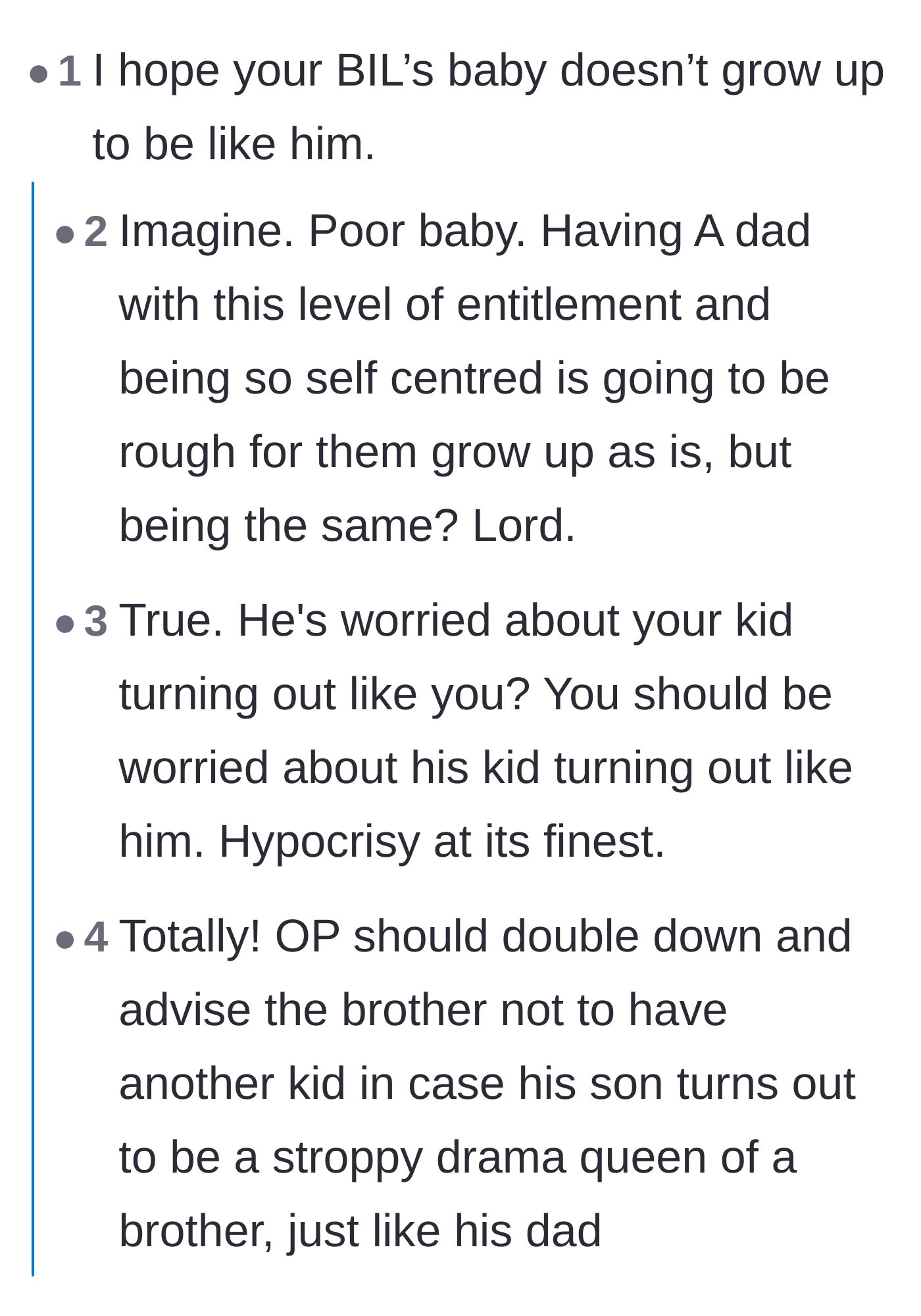 Comment thread 2 - Commenters flip the brother-in-law's cruel insult back onto him, highlighting his hypocrisy.