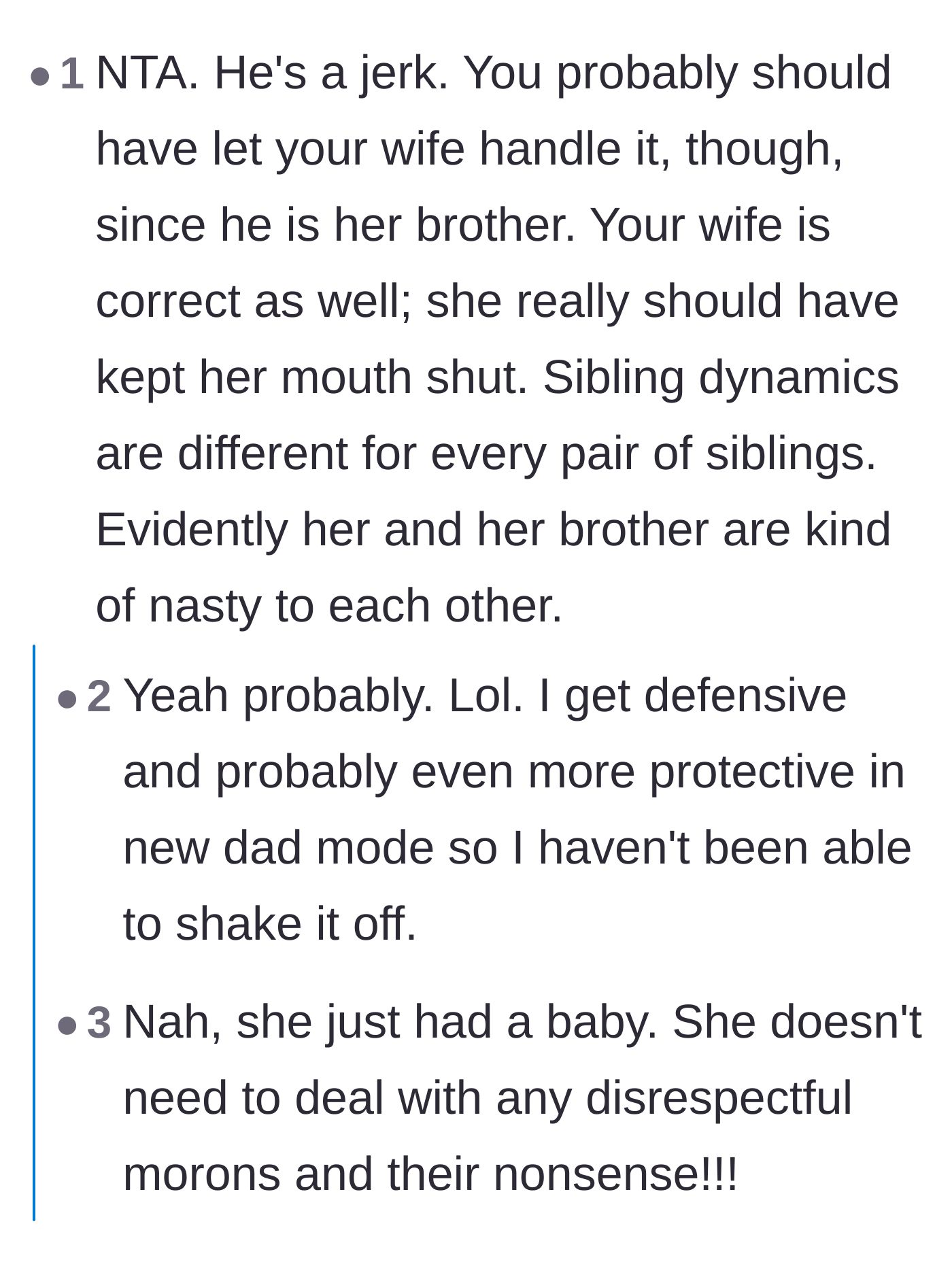 Comment thread 5 - A debate over whether the husband should have let his wife handle her own brother, ultimately concluding she was too vulnerable.