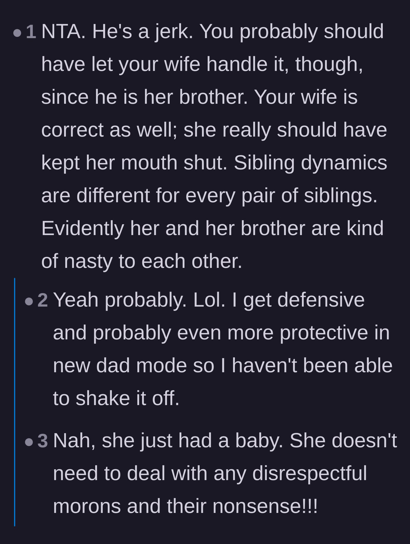 Comment thread 5 - A debate over whether the husband should have let his wife handle her own brother, ultimately concluding she was too vulnerable.