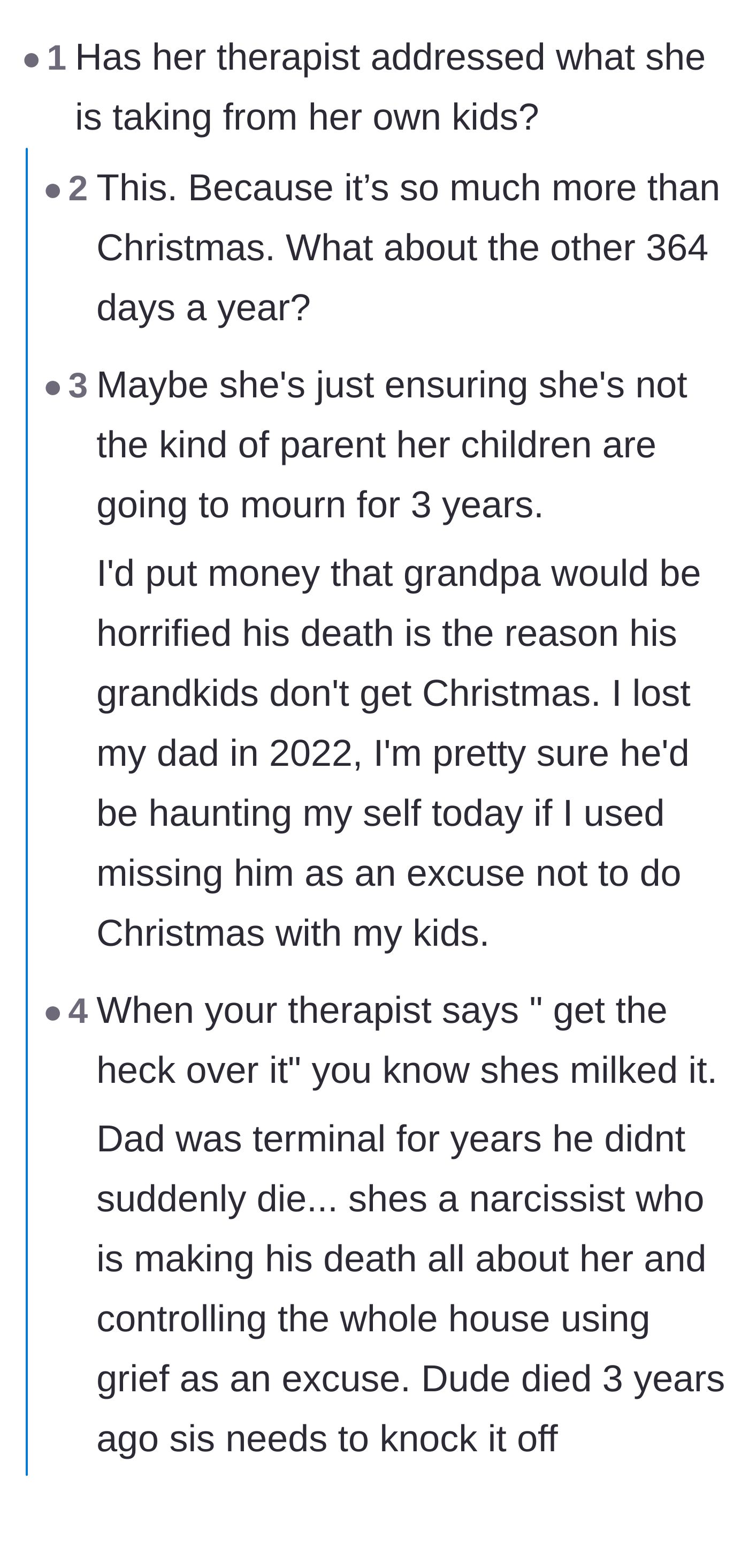 Comment thread 1 - Readers pointing out how the mother's prolonged grief is stripping her children of their childhoods year-round.