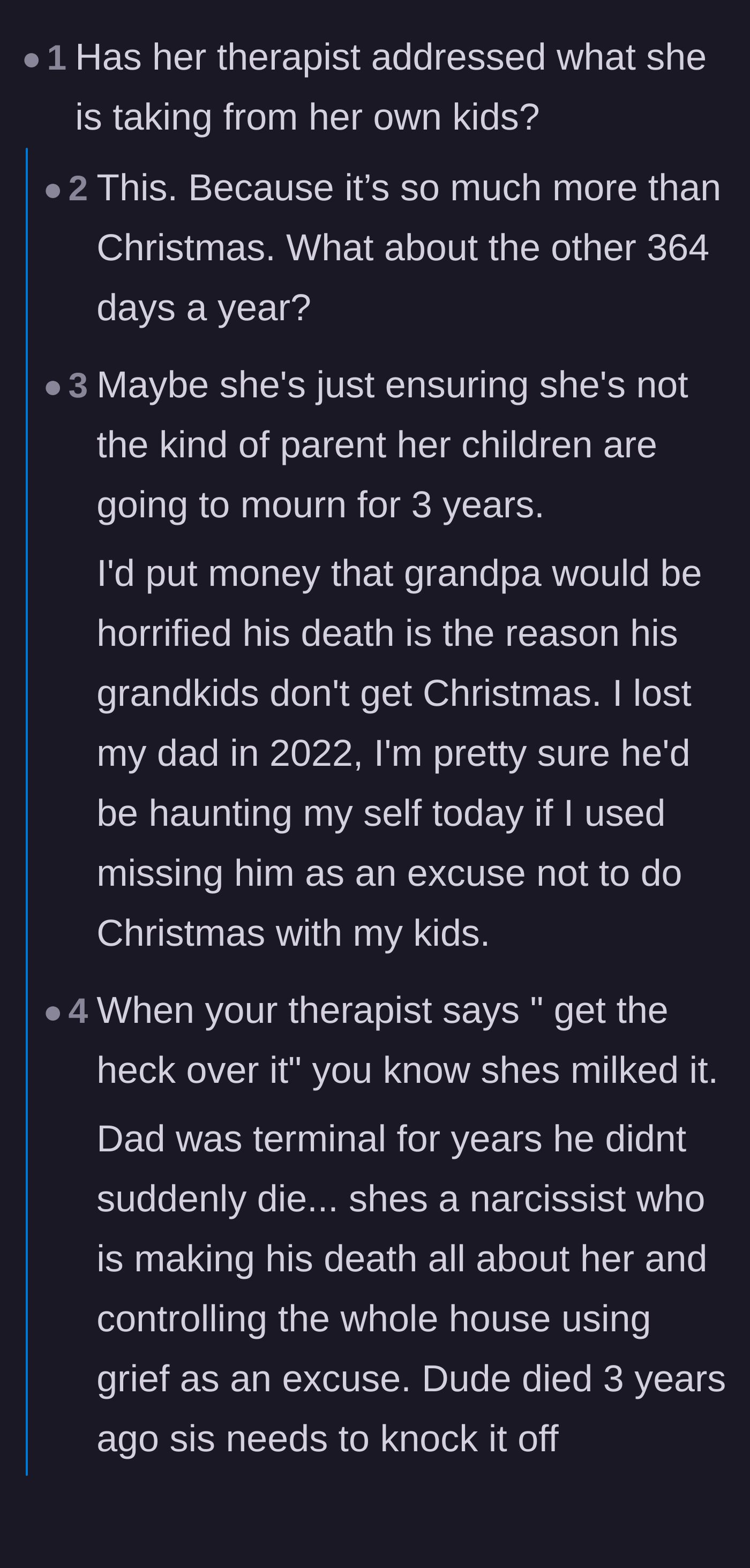 Comment thread 1 - Readers pointing out how the mother's prolonged grief is stripping her children of their childhoods year-round.