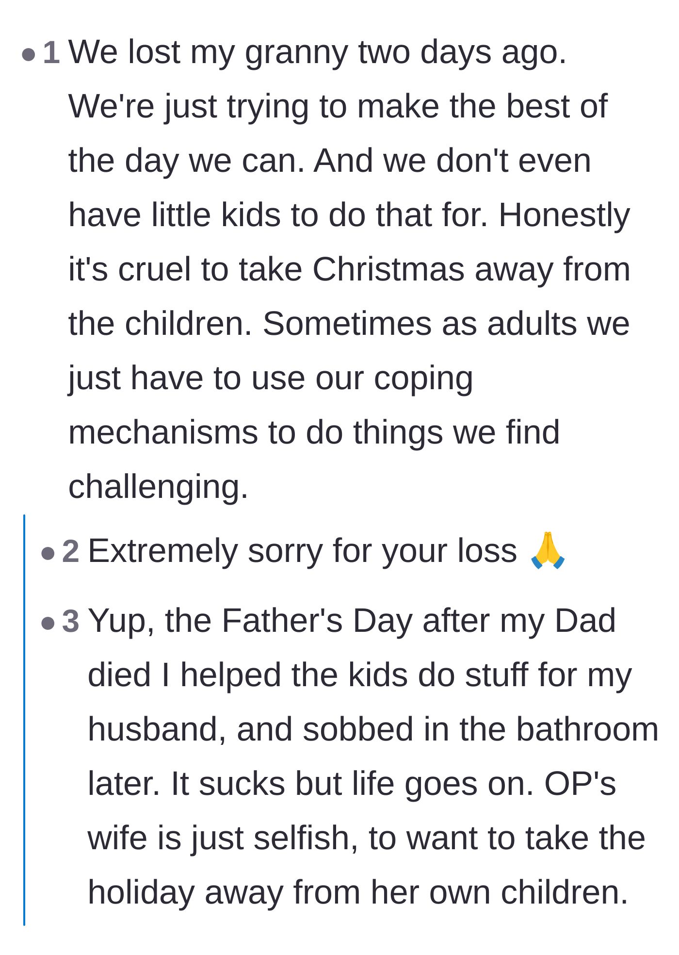 Comment thread 2 - Users sharing personal stories of recent losses and suggesting ways to beautifully memorialize loved ones during the holidays.