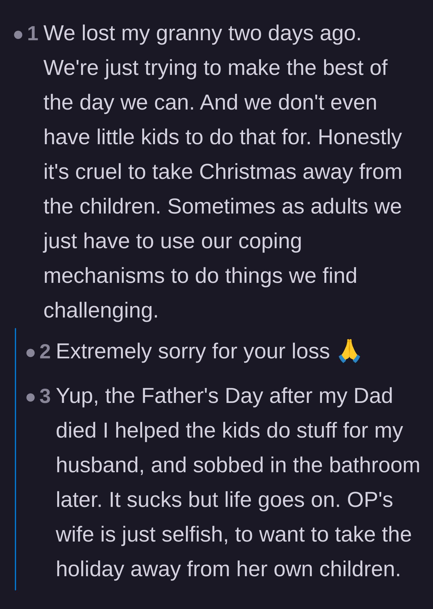 Comment thread 2 - Users sharing personal stories of recent losses and suggesting ways to beautifully memorialize loved ones during the holidays.
