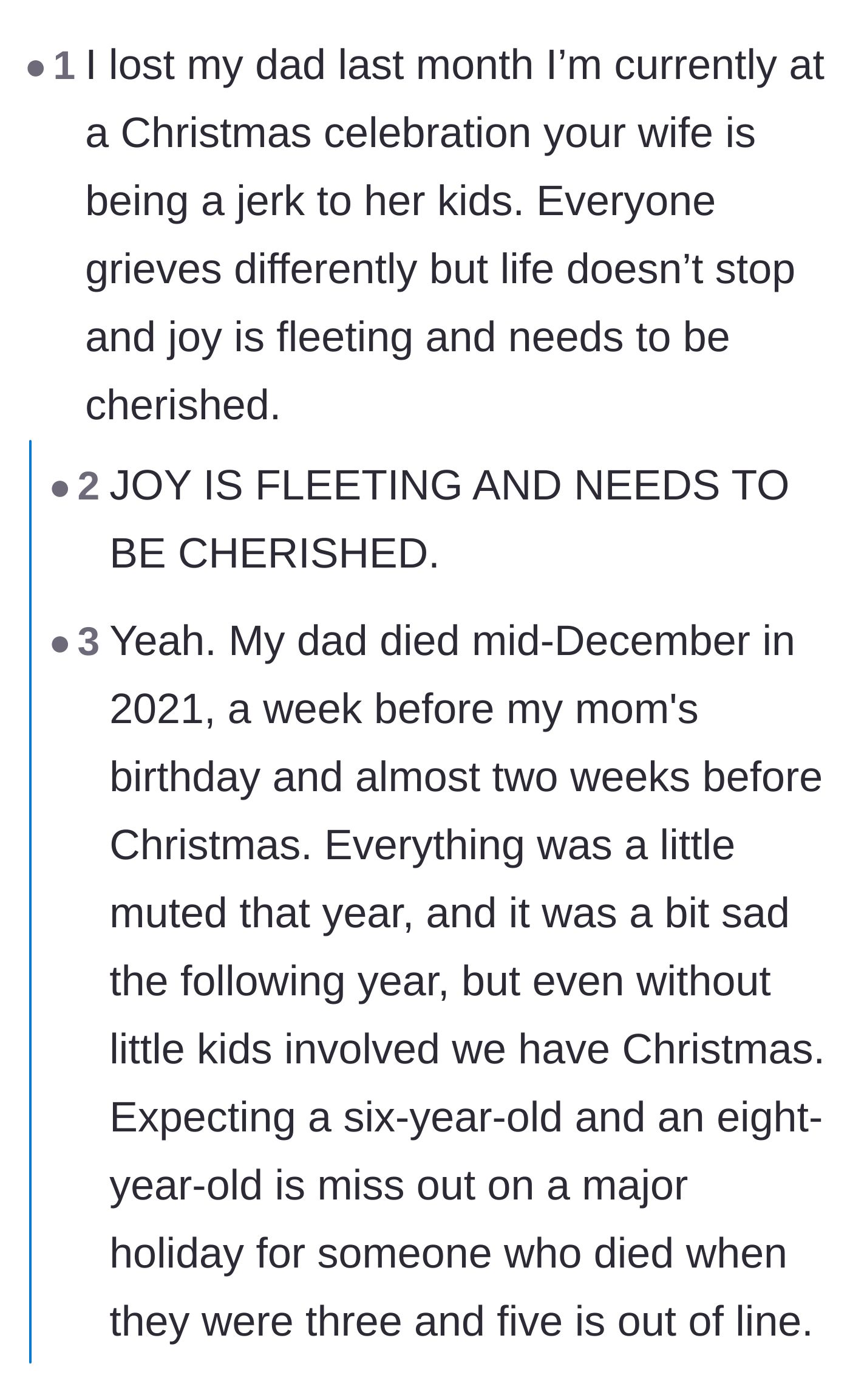 Comment thread 3 - Readers emphasizing that joy is fleeting and children deserve to celebrate holidays despite a parent's recent passing.