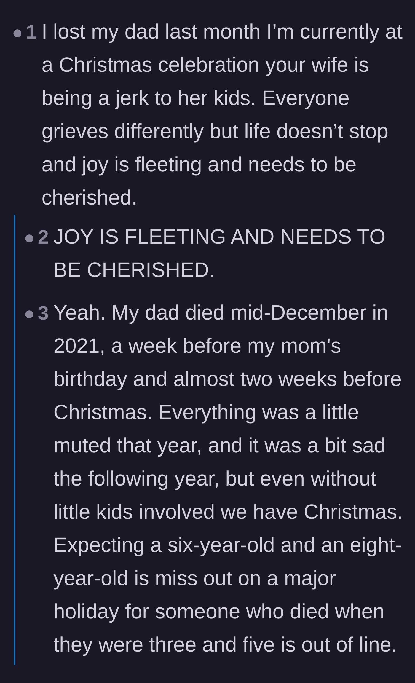Comment thread 3 - Readers emphasizing that joy is fleeting and children deserve to celebrate holidays despite a parent's recent passing.