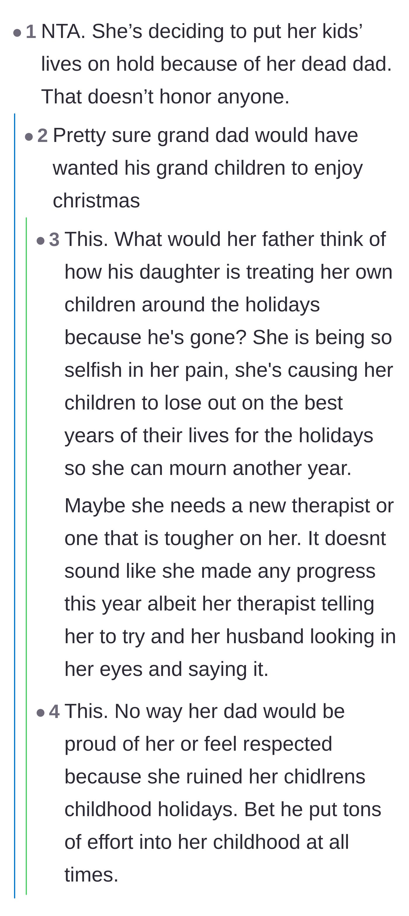 Comment thread 4 - A discussion pointing out that the deceased grandfather would likely be heartbroken to see his grandchildren missing out on Christmas.
