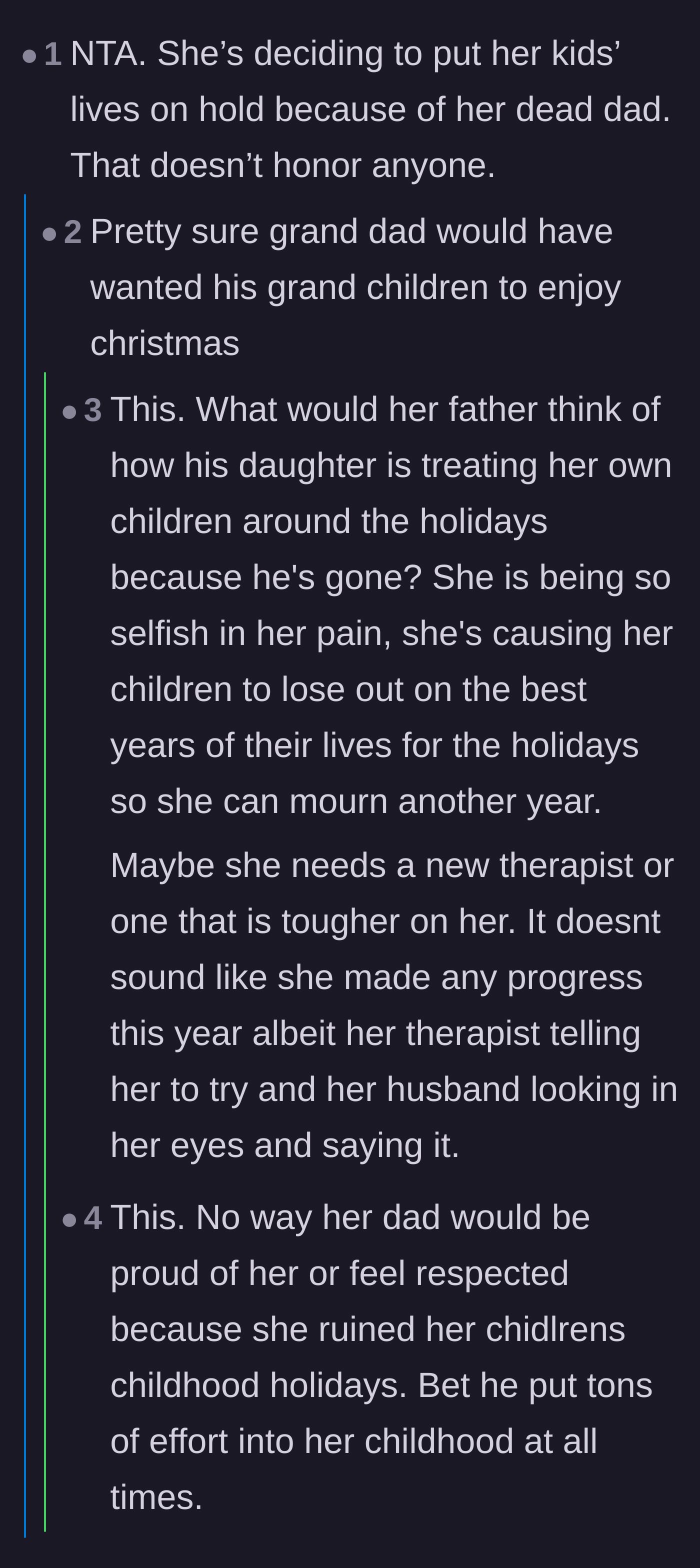 Comment thread 4 - A discussion pointing out that the deceased grandfather would likely be heartbroken to see his grandchildren missing out on Christmas.