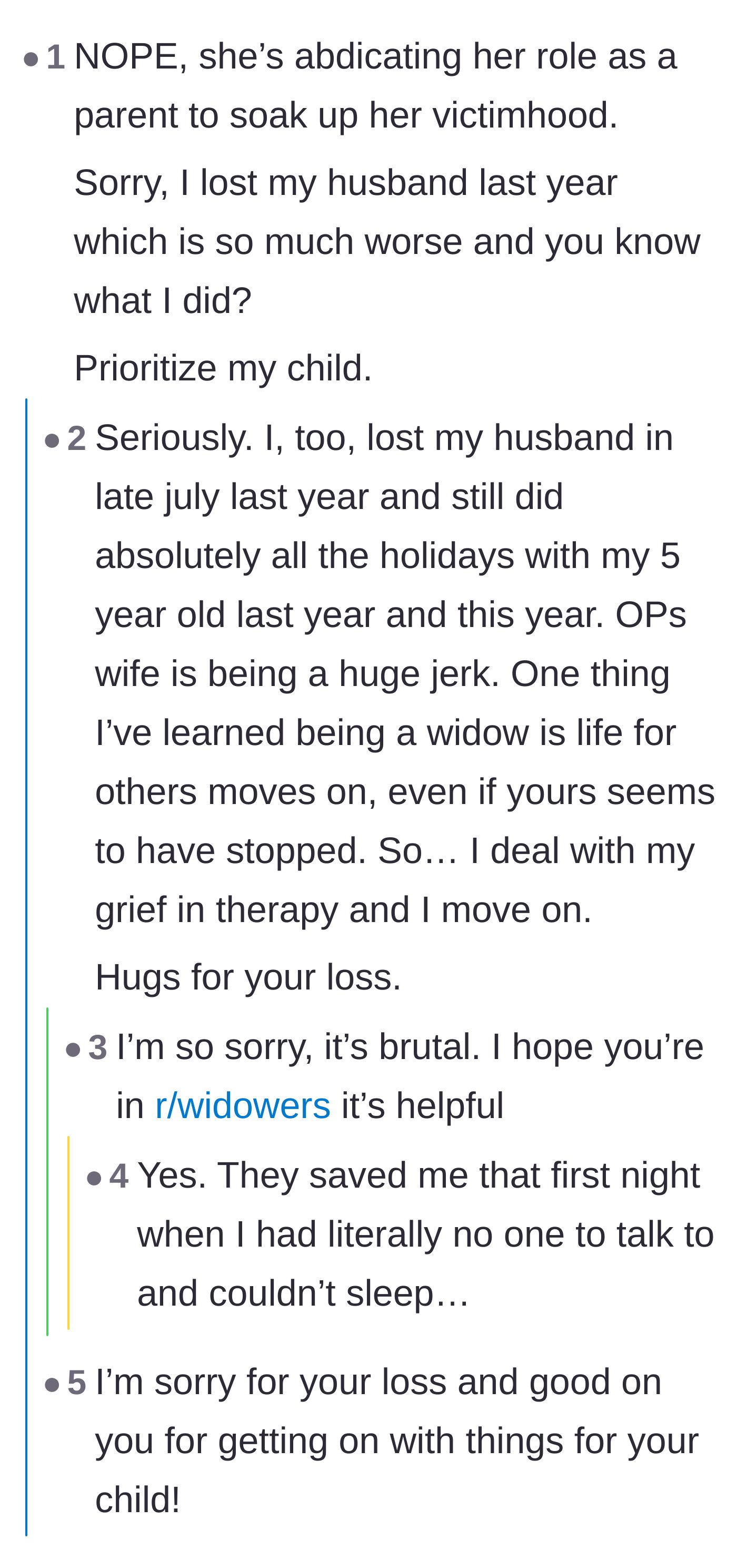 Comment thread 5 - Widows sharing their profound experiences of losing spouses and still prioritizing their young children's holiday joy.