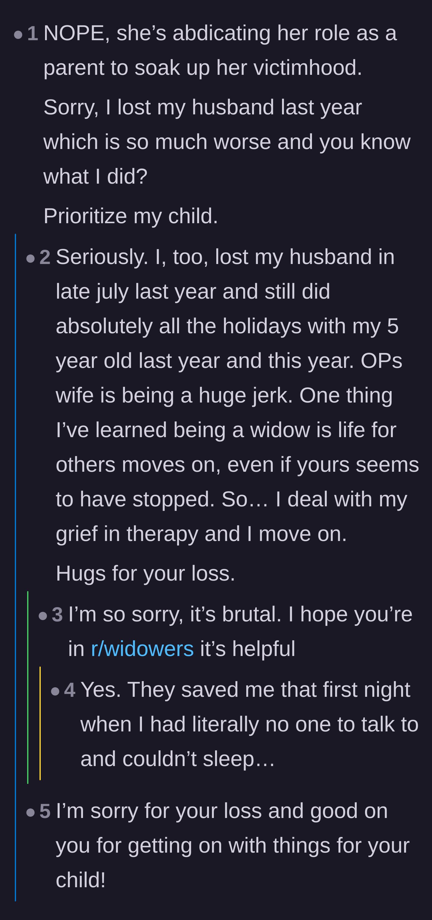 Comment thread 5 - Widows sharing their profound experiences of losing spouses and still prioritizing their young children's holiday joy.