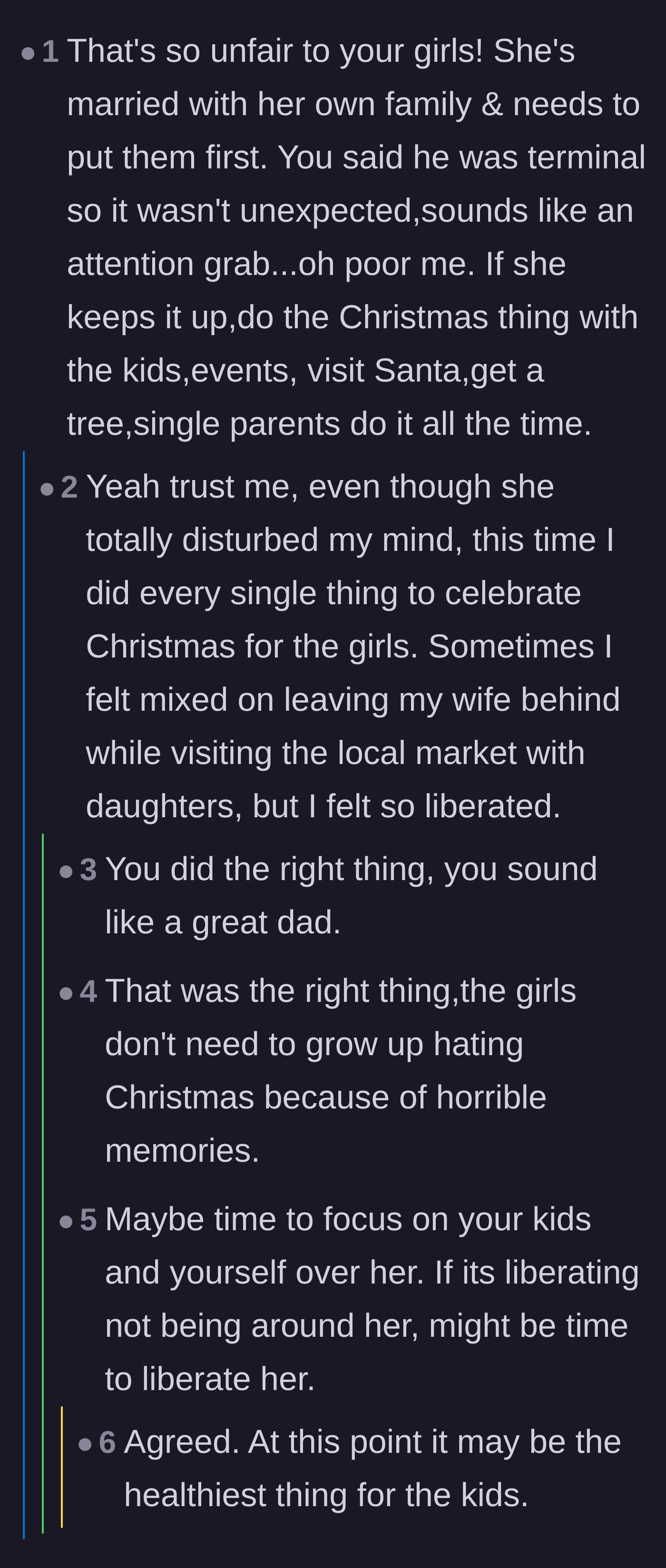 Comment thread 6 - A thread validating the husband's decision to take his daughters out, featuring a reply from the husband expressing his feelings of liberation.