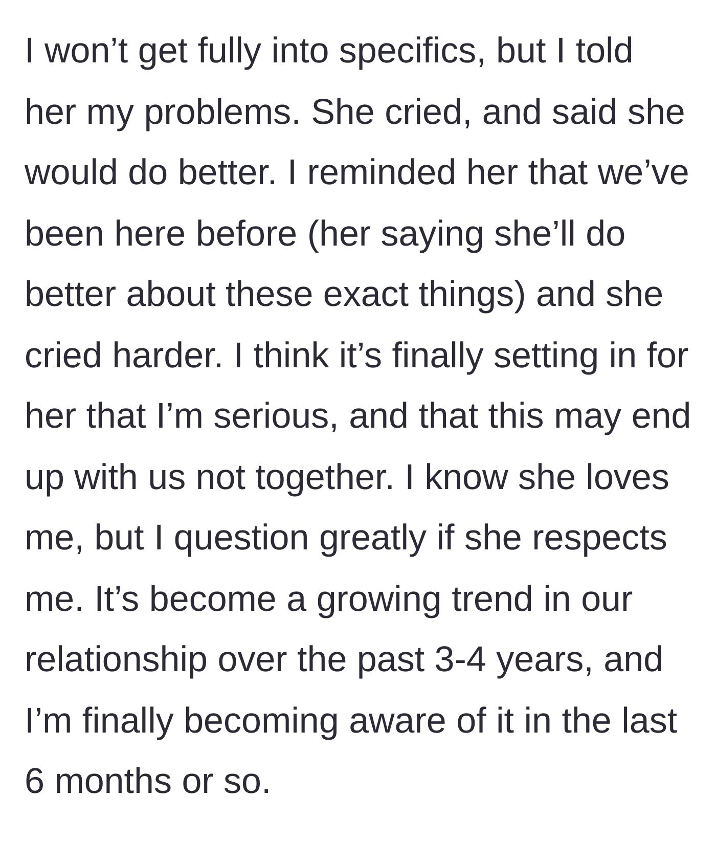 Story part 10 - Husband tells the truth about his exhaustion; wife cries and promises to do better, but he questions if she respects him.