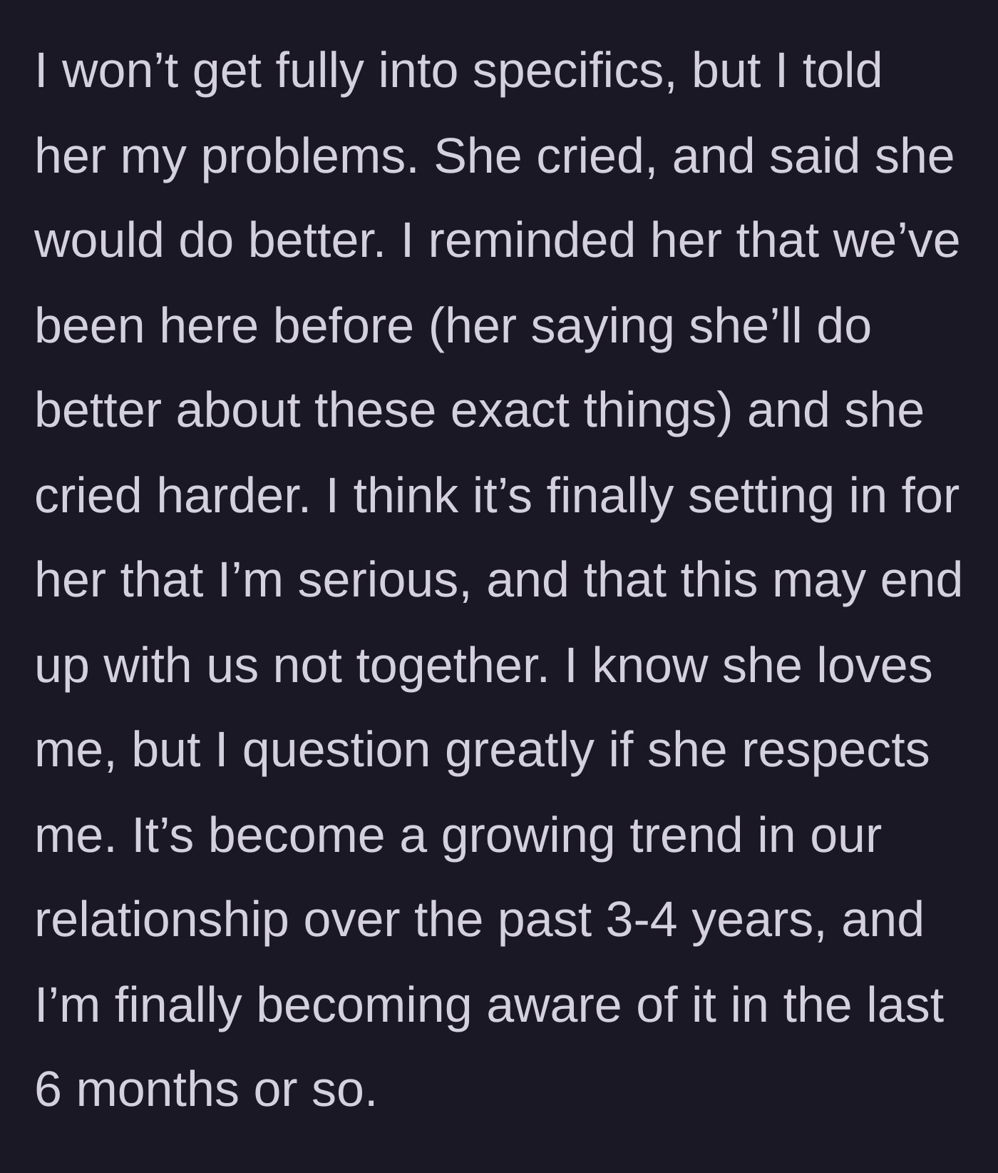 Story part 10 - Husband tells the truth about his exhaustion; wife cries and promises to do better, but he questions if she respects him.