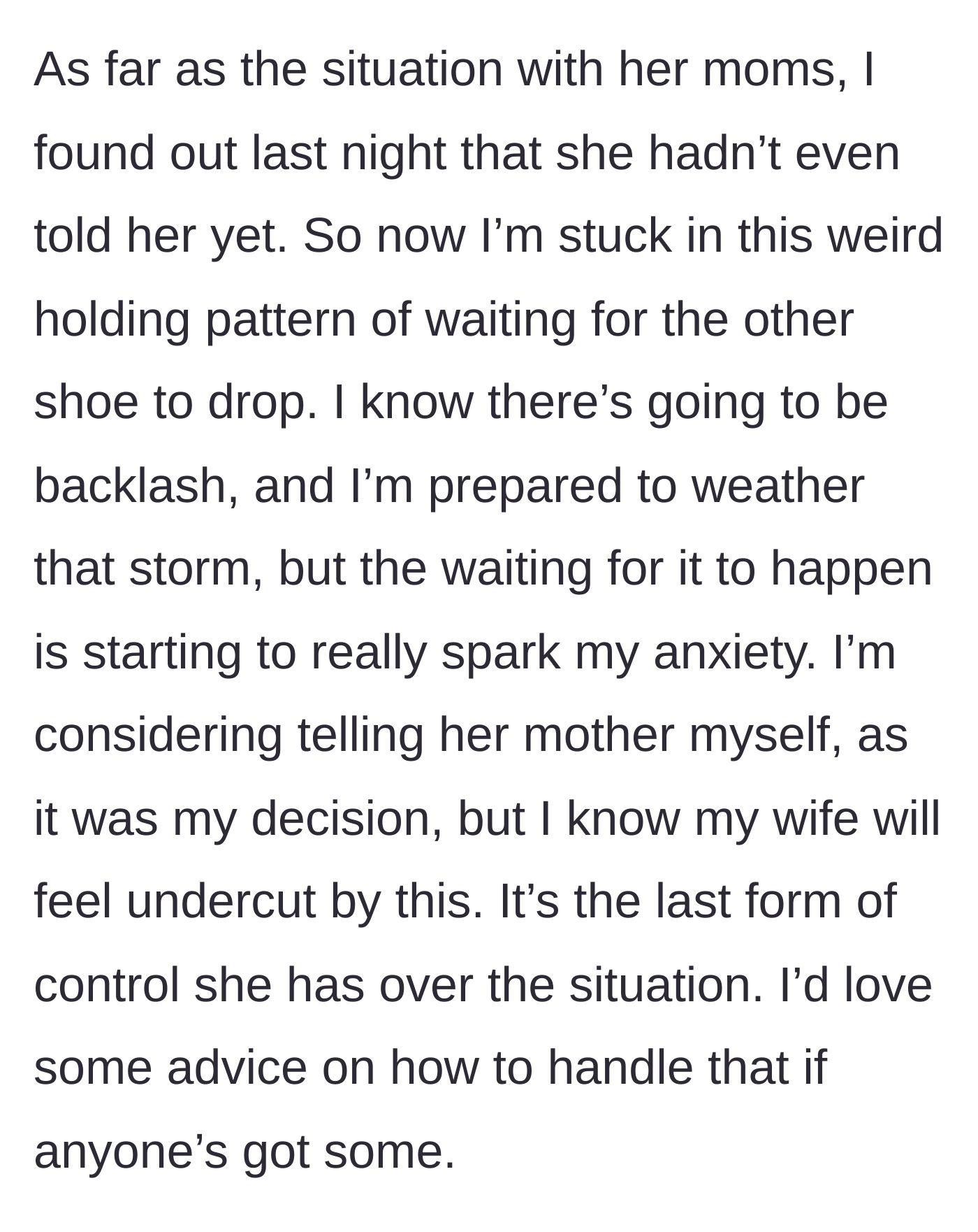 Story part 11 - Husband reveals wife hasn't even told her mother about the boundary, leaving him trapped in anxious anticipation.