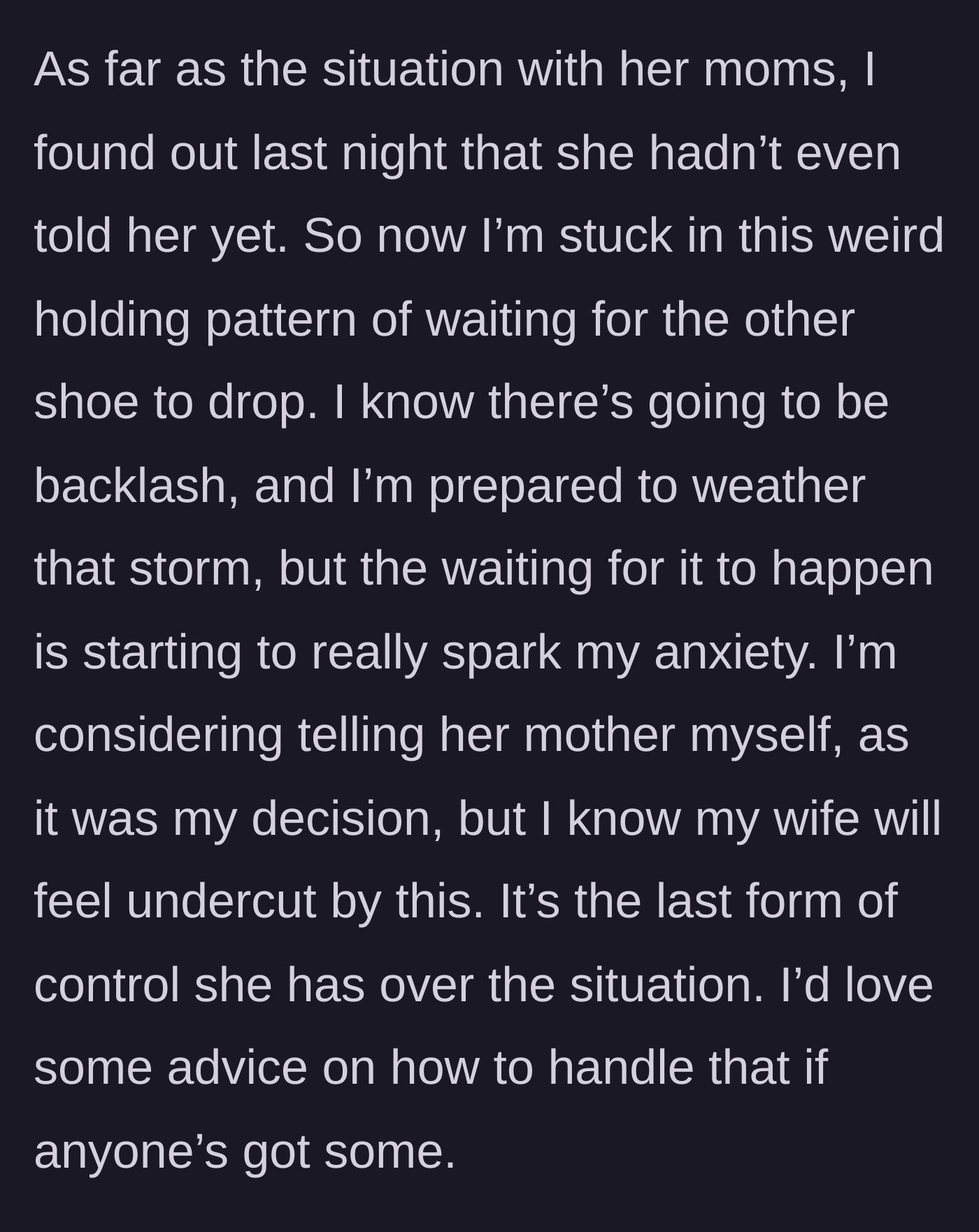 Story part 11 - Husband reveals wife hasn't even told her mother about the boundary, leaving him trapped in anxious anticipation.