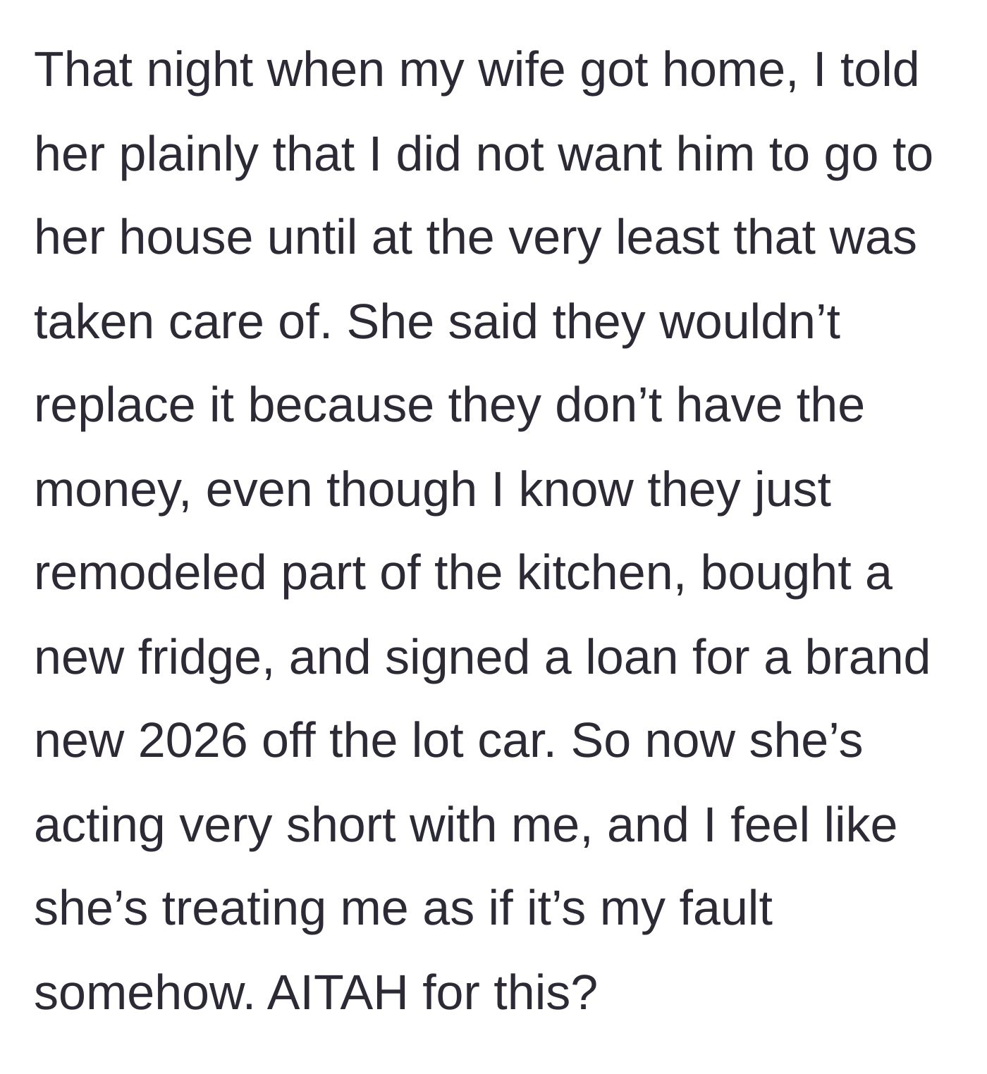 Story part 4 - Wife refuses to address the issue, citing lack of money while her parents buy luxury items, and acts cold to the husband.