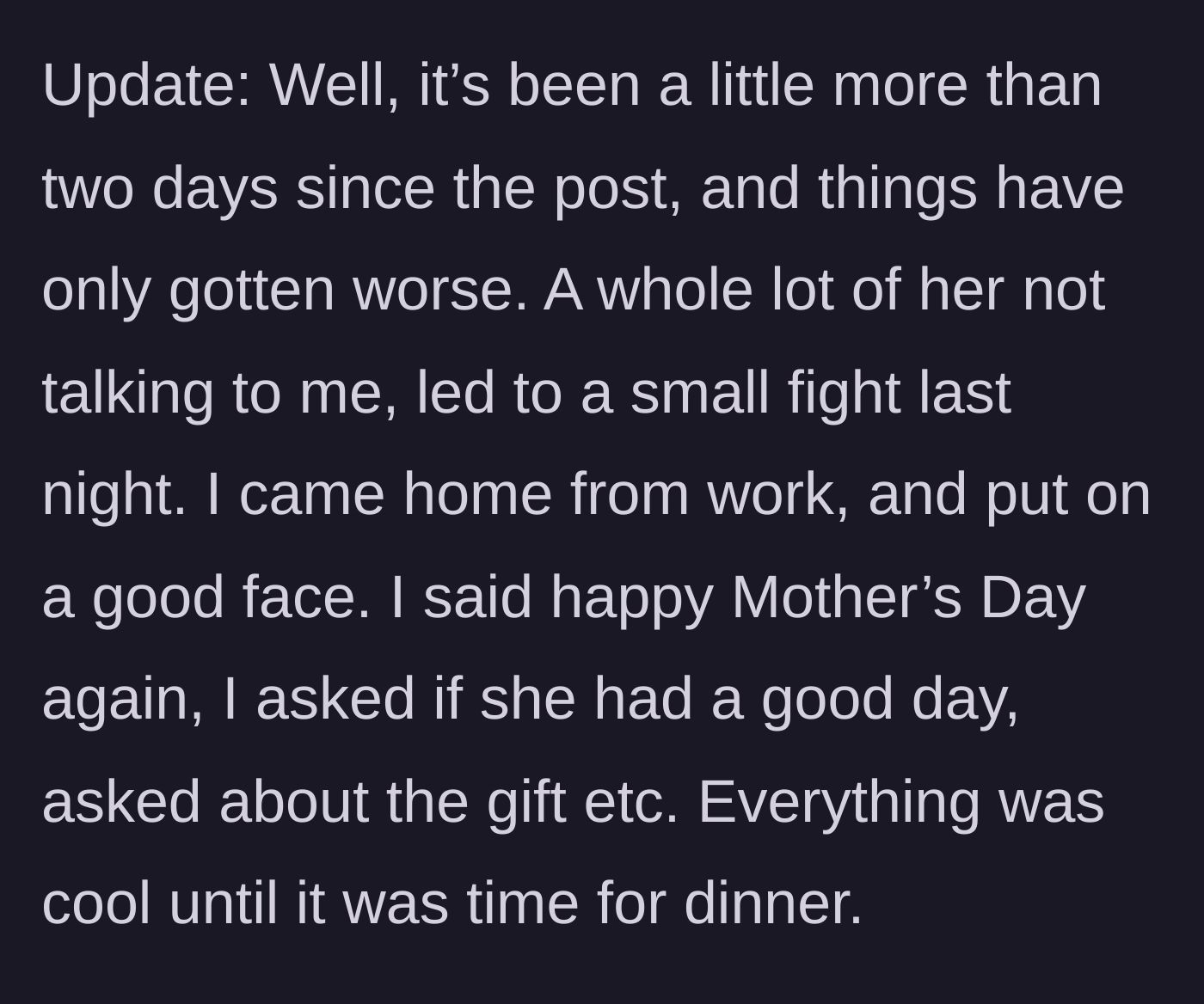 Story part 5 - Update begins: Post-Mother's Day tension leads to a silent treatment and a small fight after he comes home to a mess.