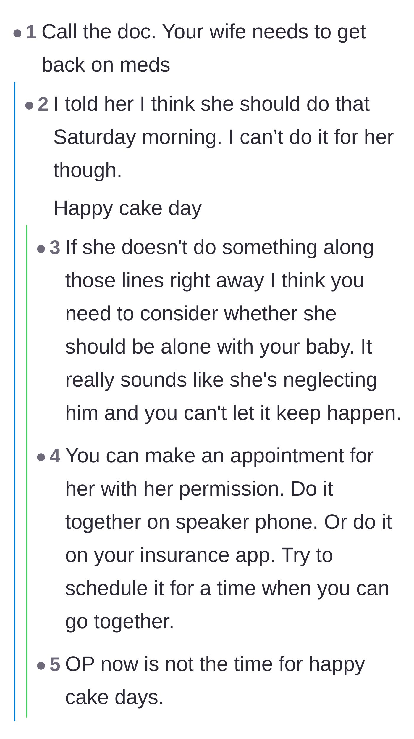 Comment thread 1 - Advice on getting the wife back on postpartum depression medication and prioritizing the baby's safety