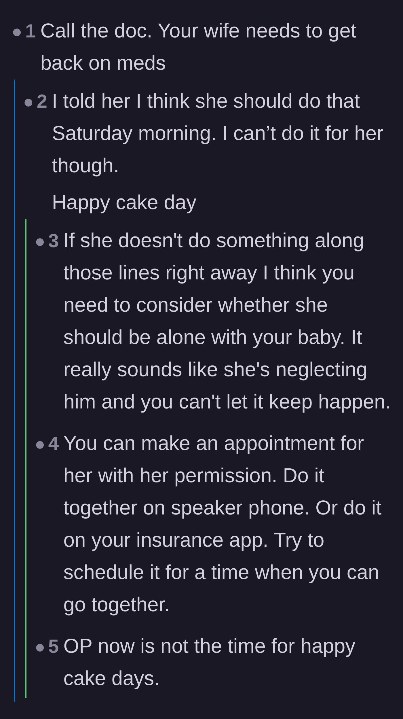 Comment thread 1 - Advice on getting the wife back on postpartum depression medication and prioritizing the baby's safety