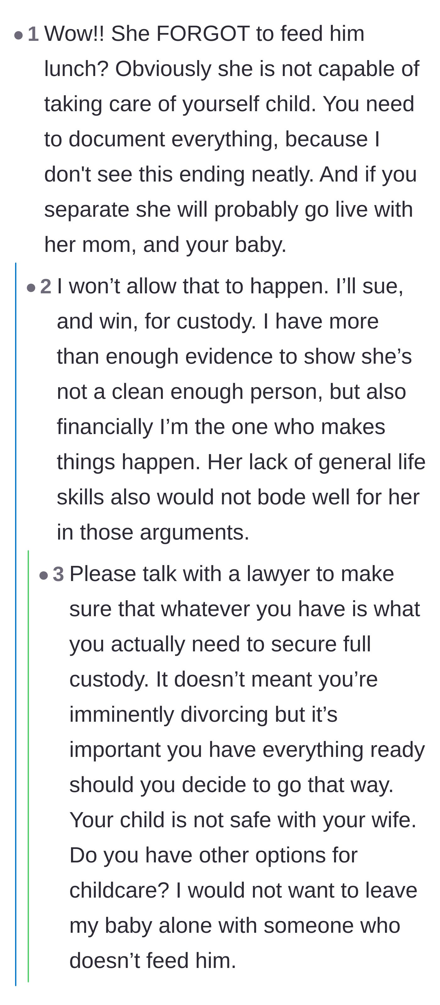 Comment thread 2 - A tough conversation about the wife forgetting to feed the baby and the father preparing for a potential custody battle